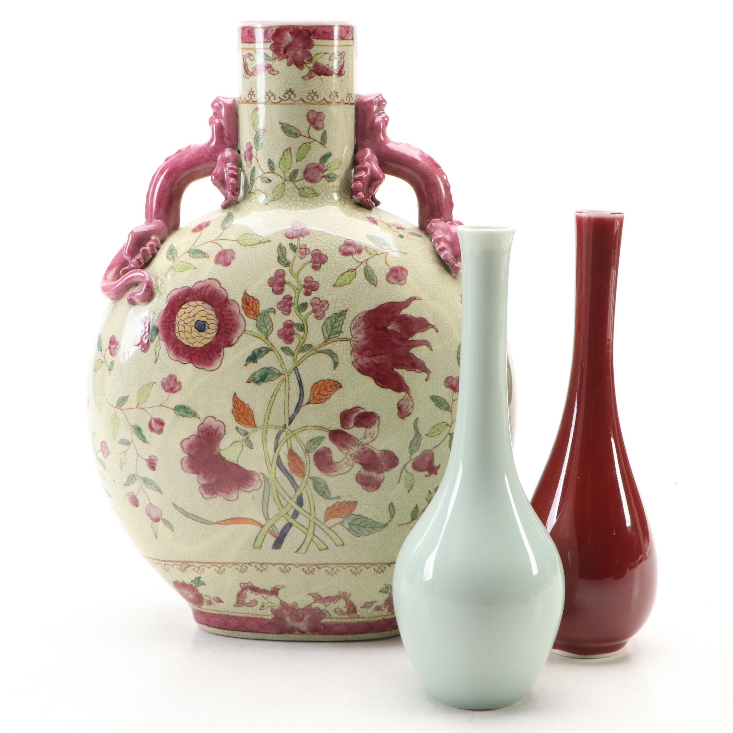Gump's Green and Burgundy Ceramic Vases with Chinese Dragon Handled Vase