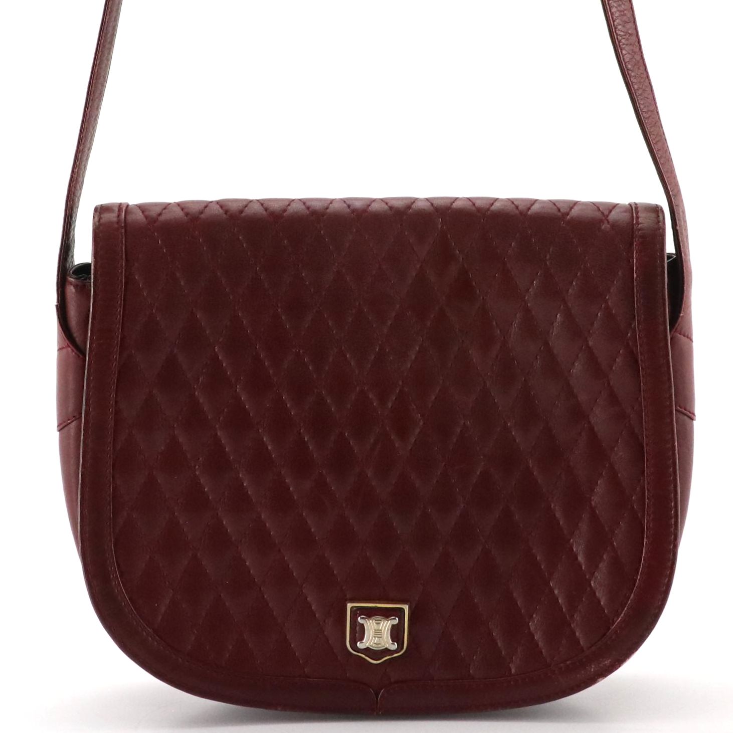 Celine Vintage Saddle-Flap Shoulder Bag in Burgundy Diamond-Stitched Leather