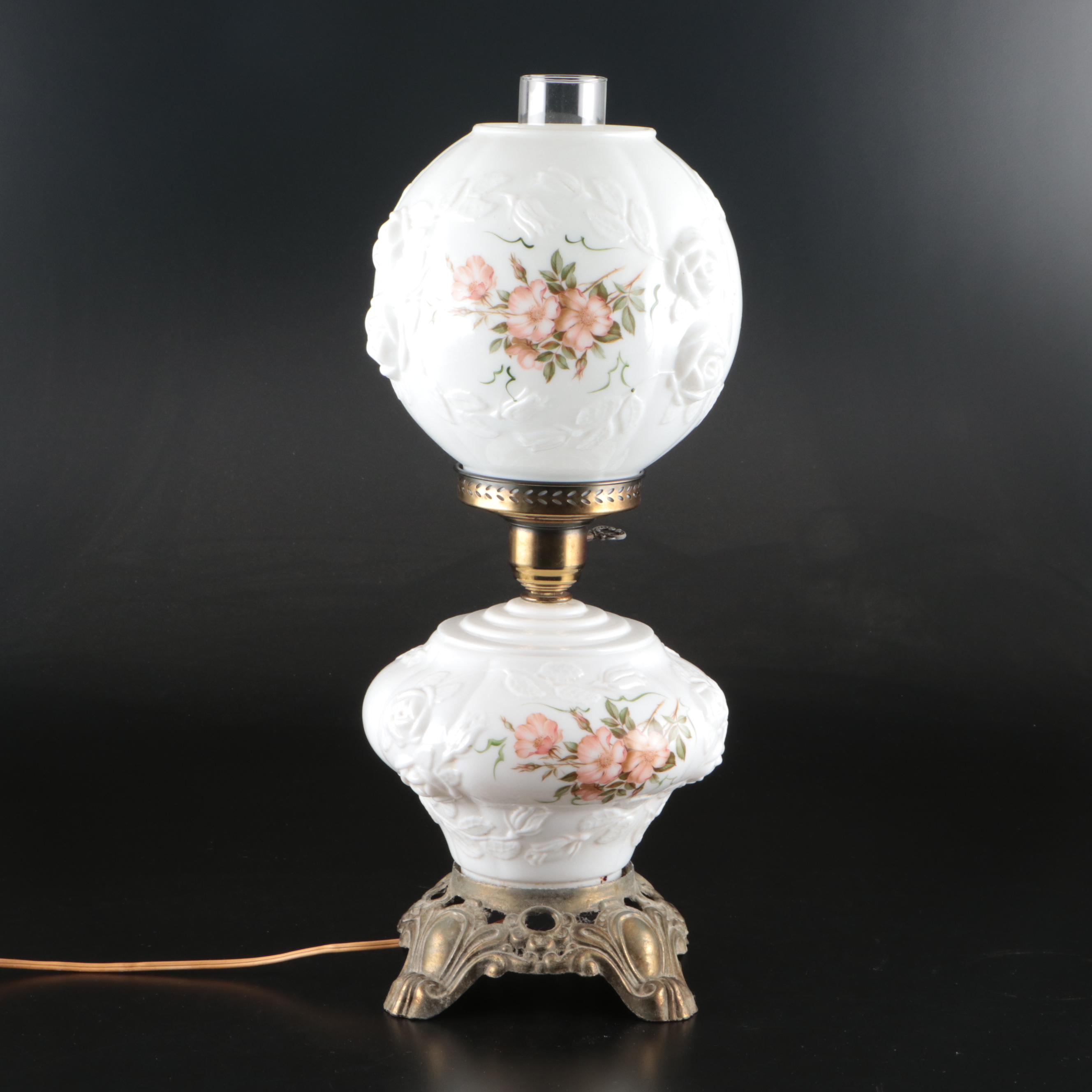 Victorian Style Pressed Milk Glass Floral Decorated Table Lamps