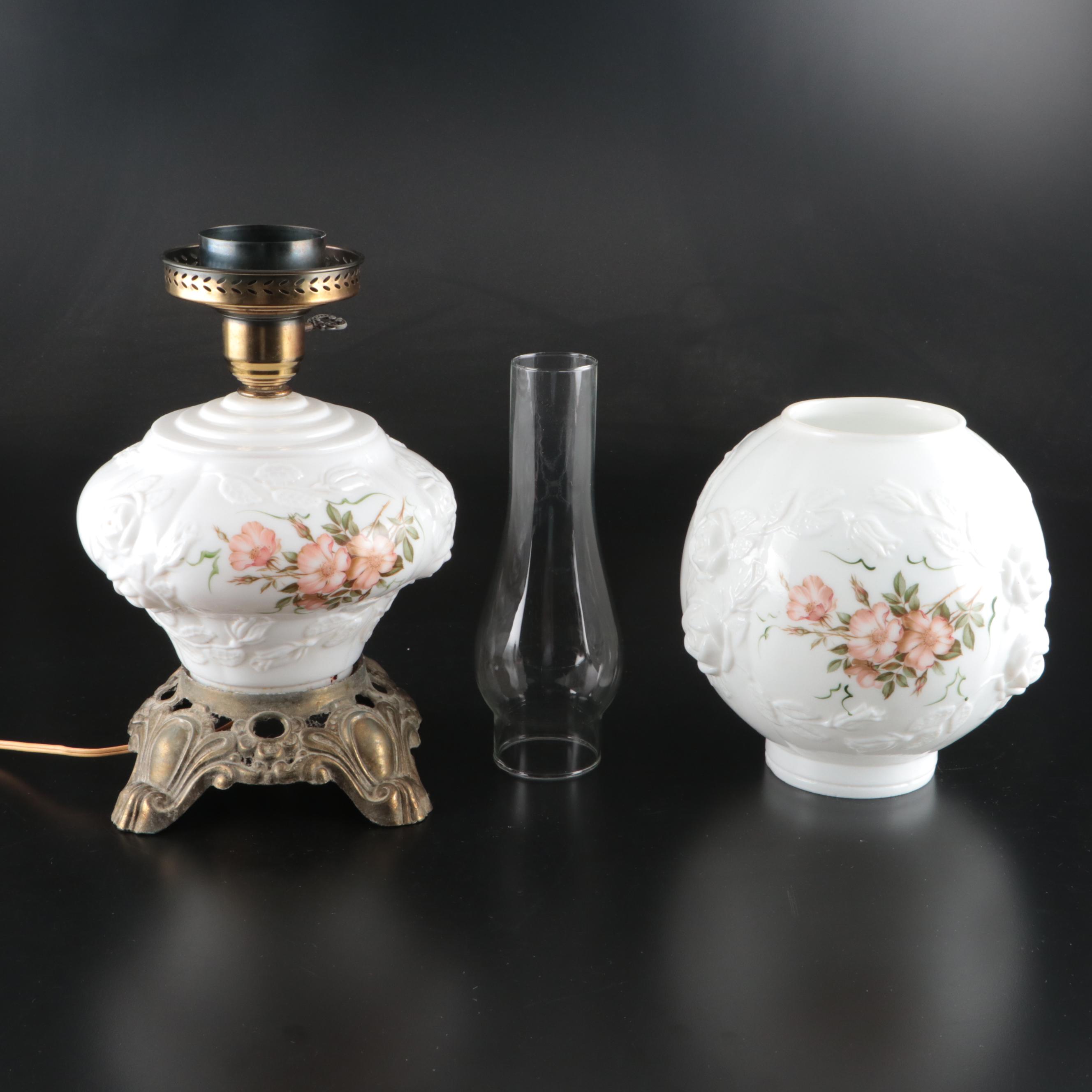 Victorian Style Pressed Milk Glass Floral Decorated Table Lamps