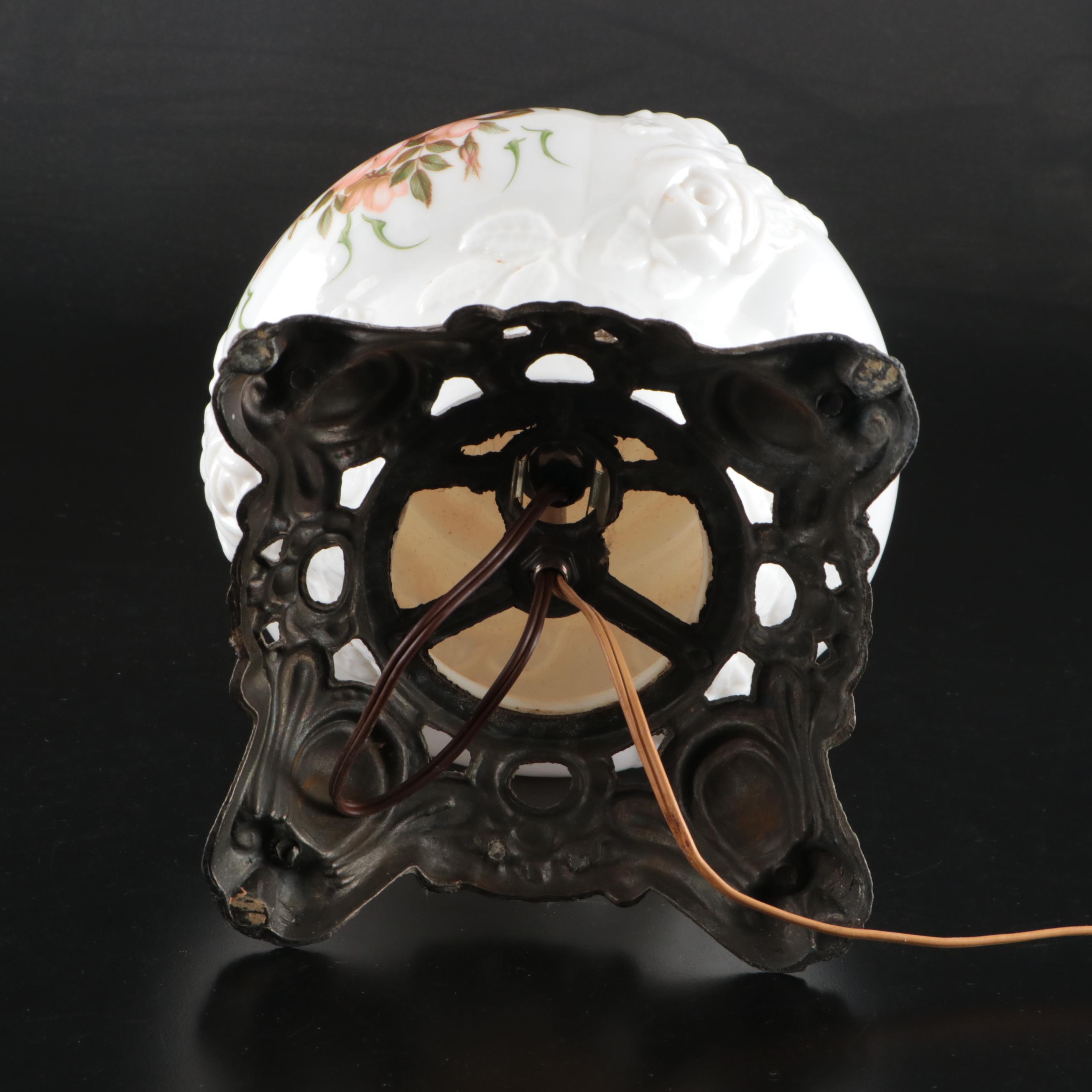 Victorian Style Pressed Milk Glass Floral Decorated Table Lamps