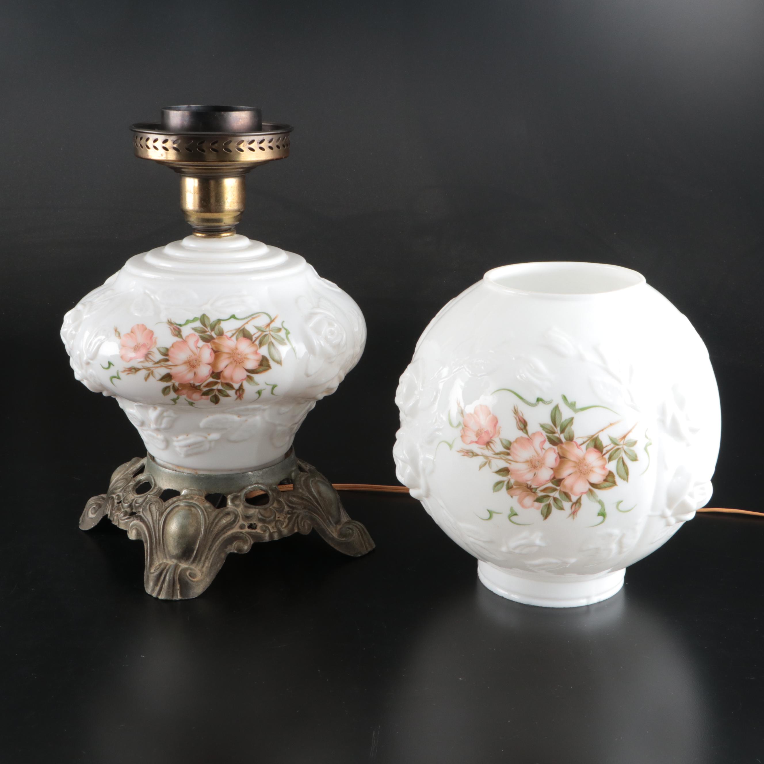 Victorian Style Pressed Milk Glass Floral Decorated Table Lamps