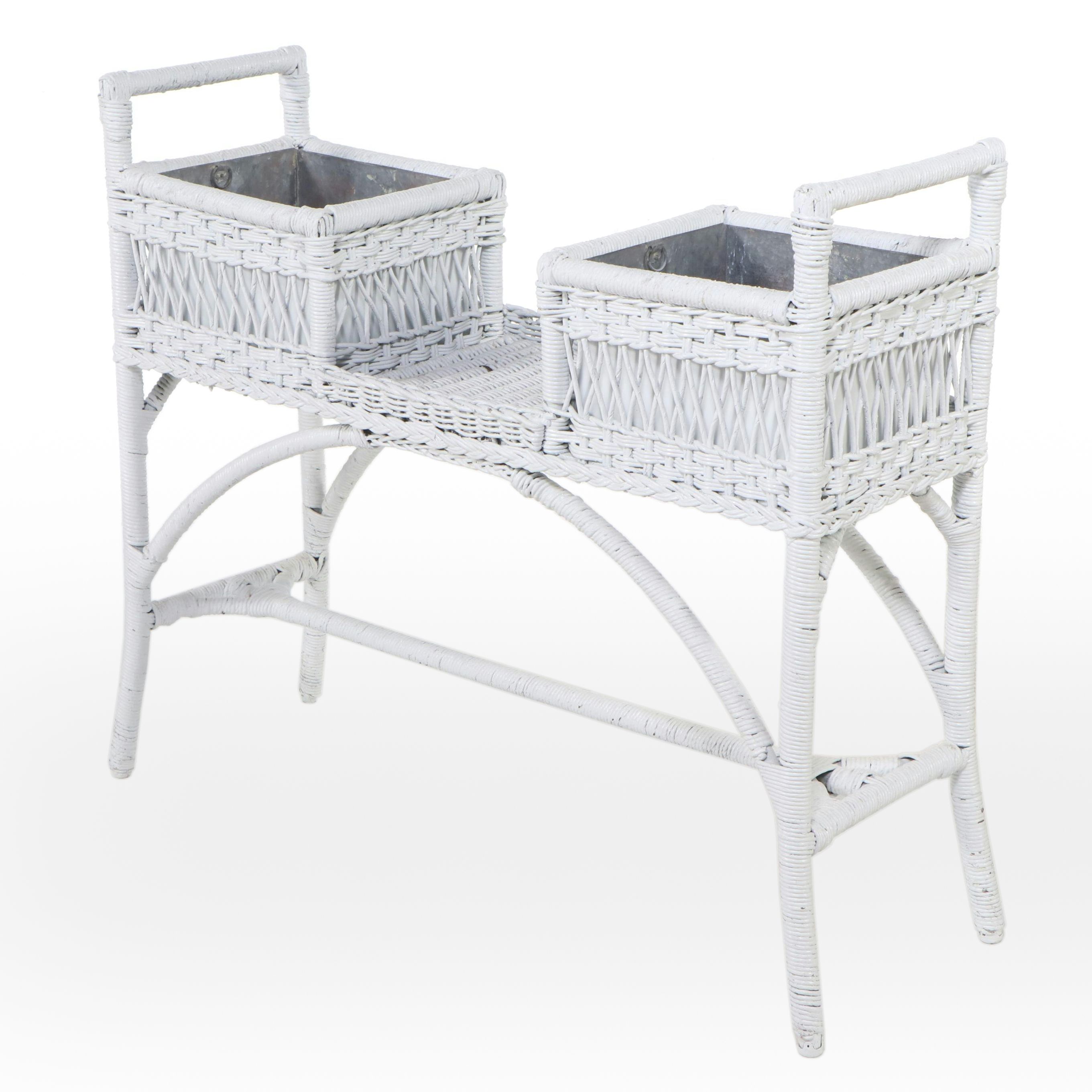 White-Painted Wicker Rattan Plant Stand with Zinc Inserts