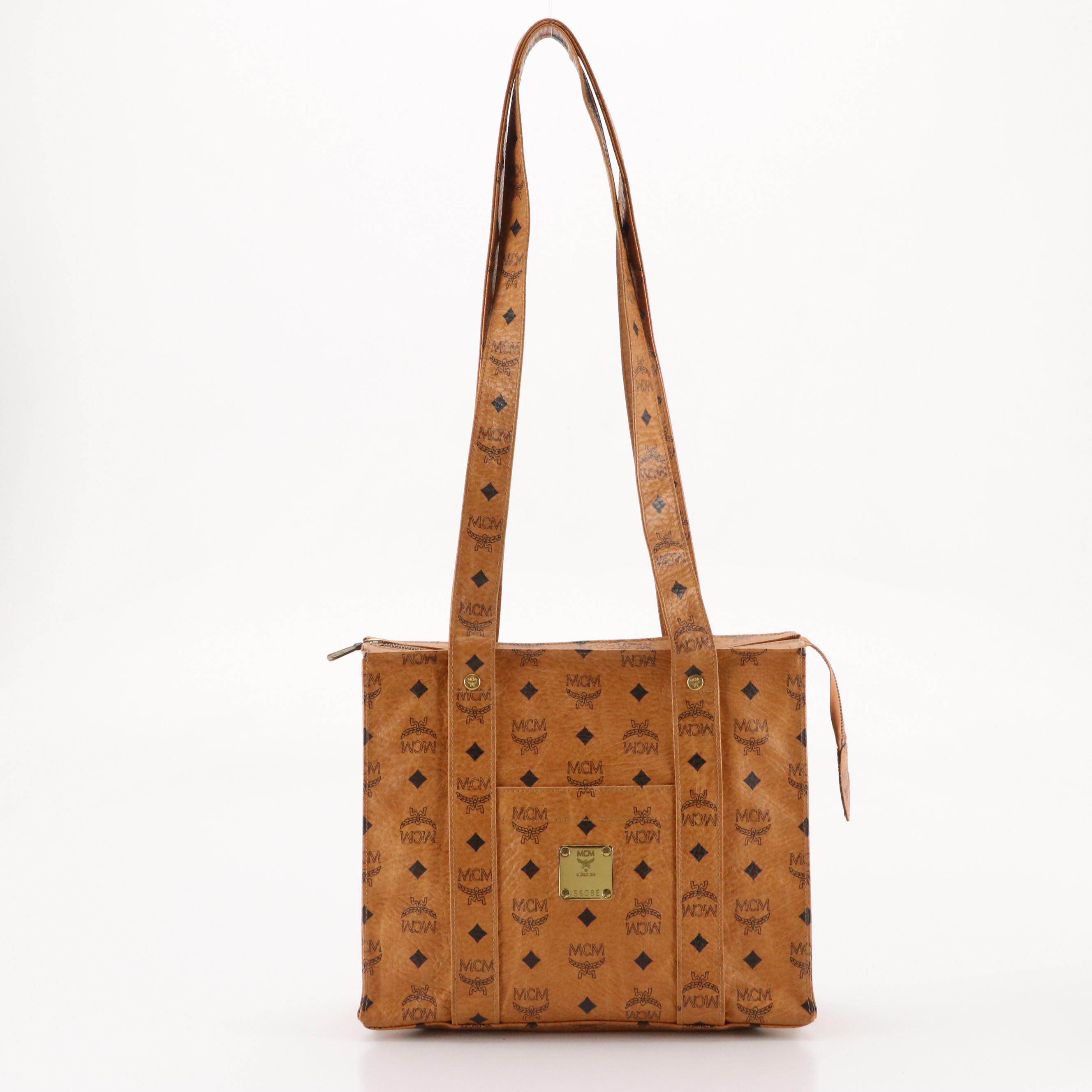 MCM Long Handle Zip Tote in Cognac Visetos Canvas