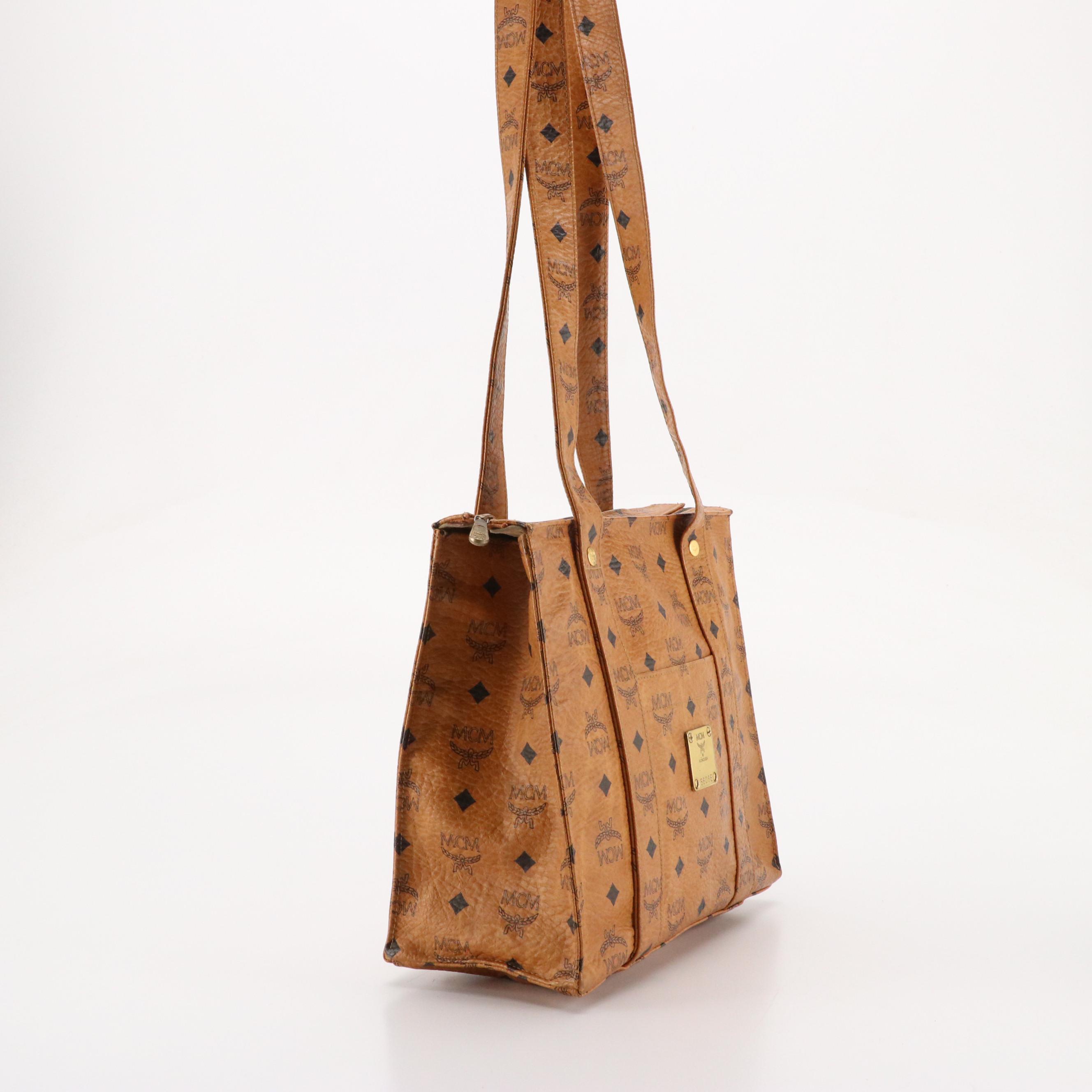 MCM Long Handle Zip Tote in Cognac Visetos Canvas