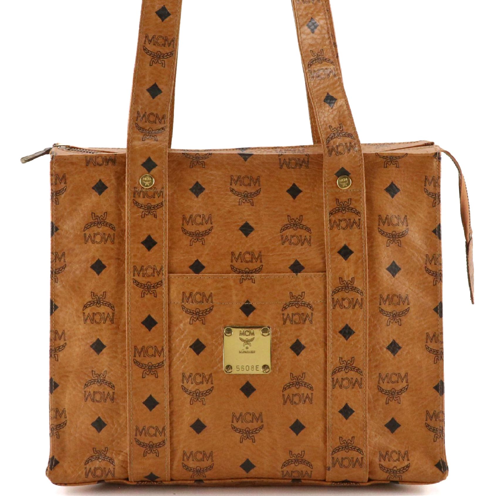 MCM Long Handle Zip Tote in Cognac Visetos Canvas