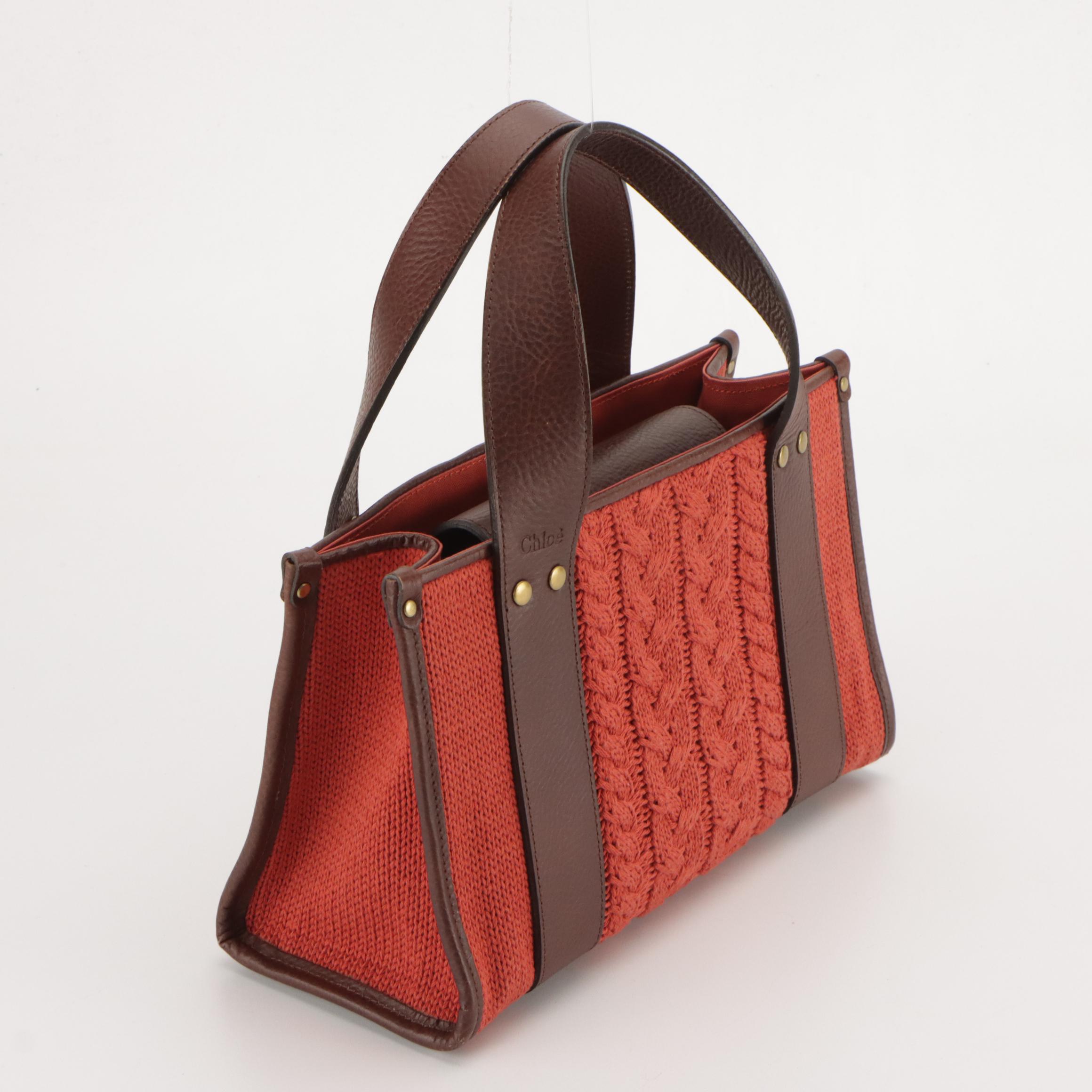 Chloé Orange Cable Knit Top Handle Bag with Brown Leather Trim