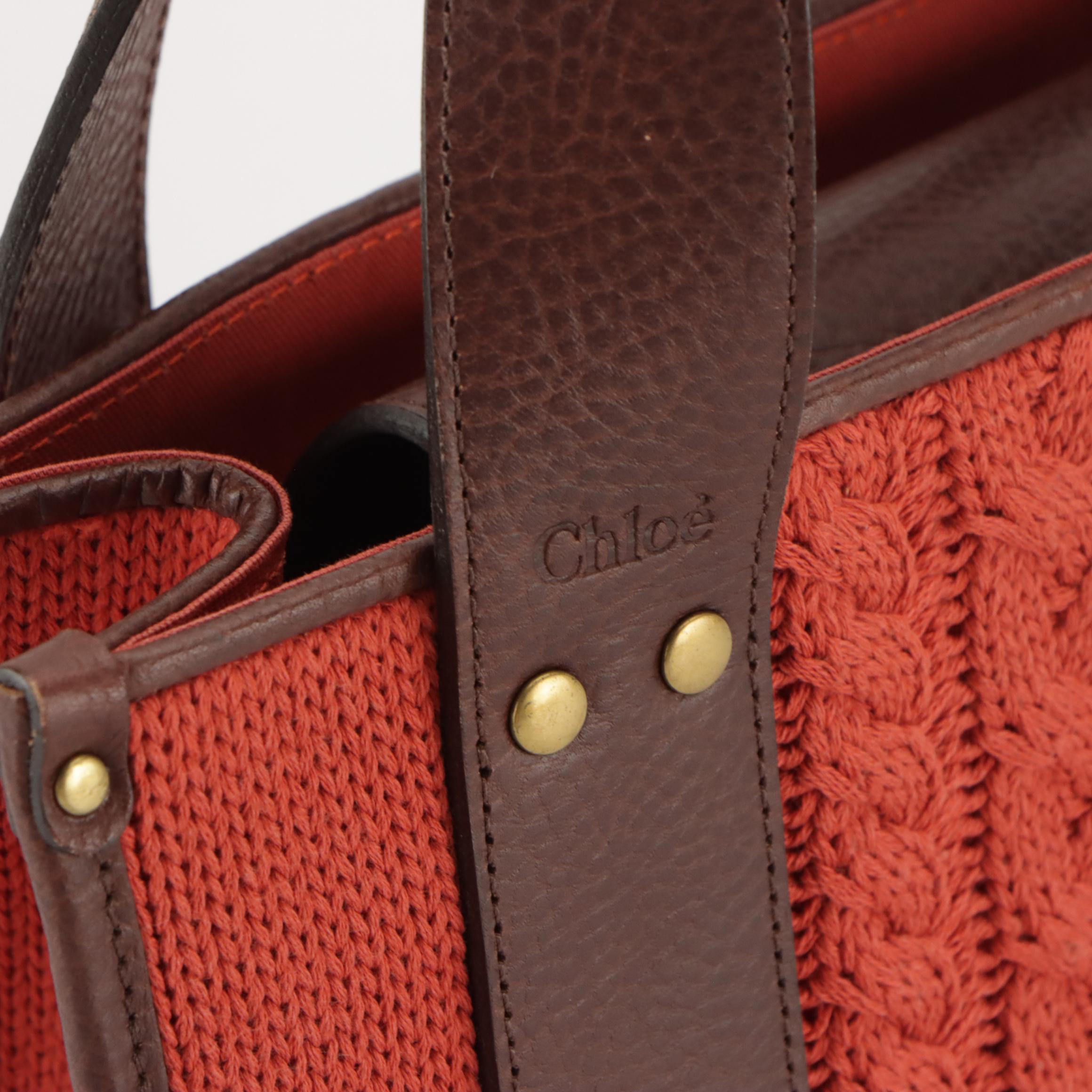 Chloé Orange Cable Knit Top Handle Bag with Brown Leather Trim