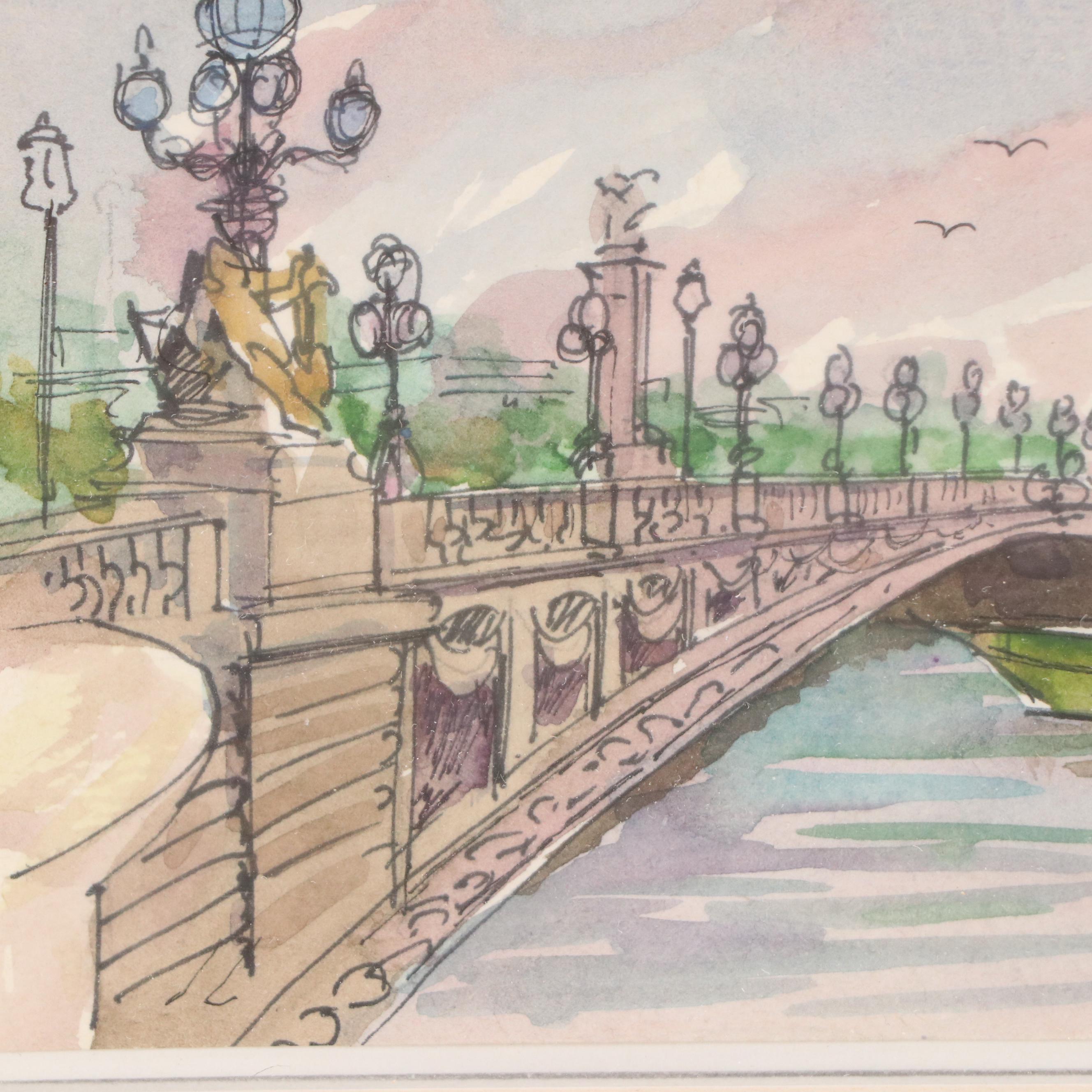 Parisian Cityscape Watercolor Painting of Pont Alexandre III Bridge, 1984