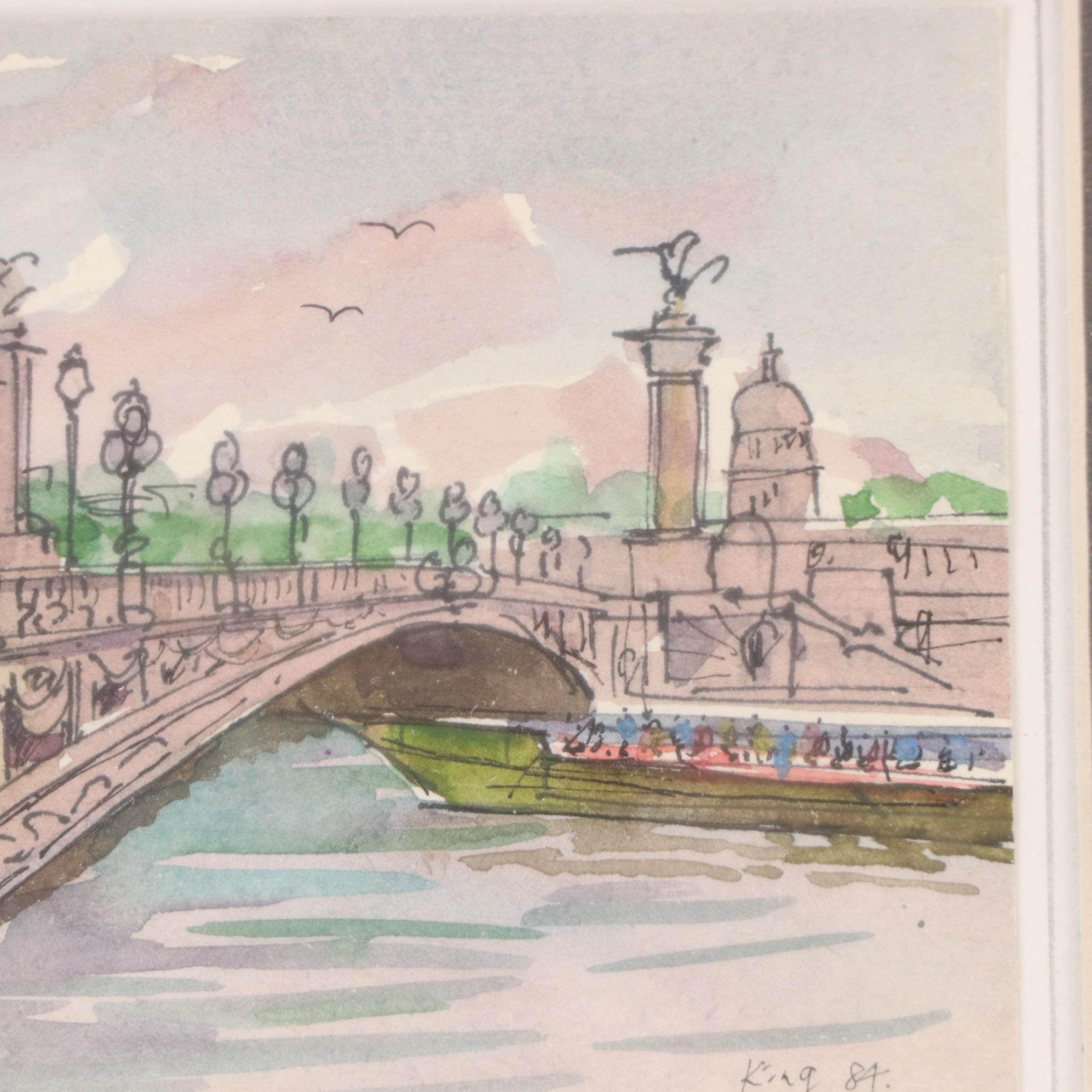 Parisian Cityscape Watercolor Painting of Pont Alexandre III Bridge, 1984
