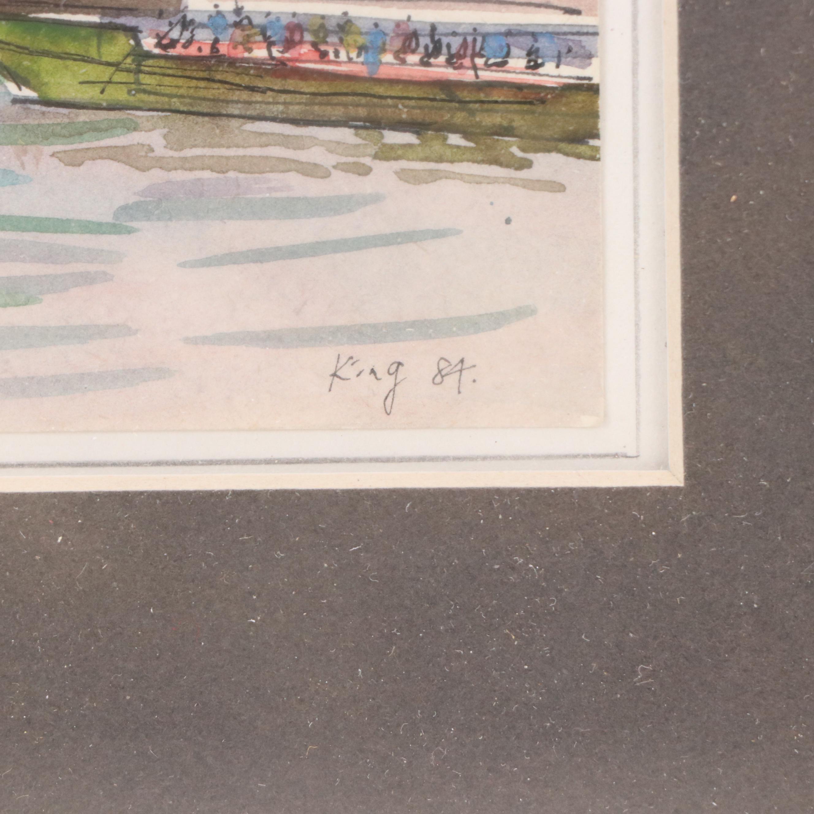 Parisian Cityscape Watercolor Painting of Pont Alexandre III Bridge, 1984