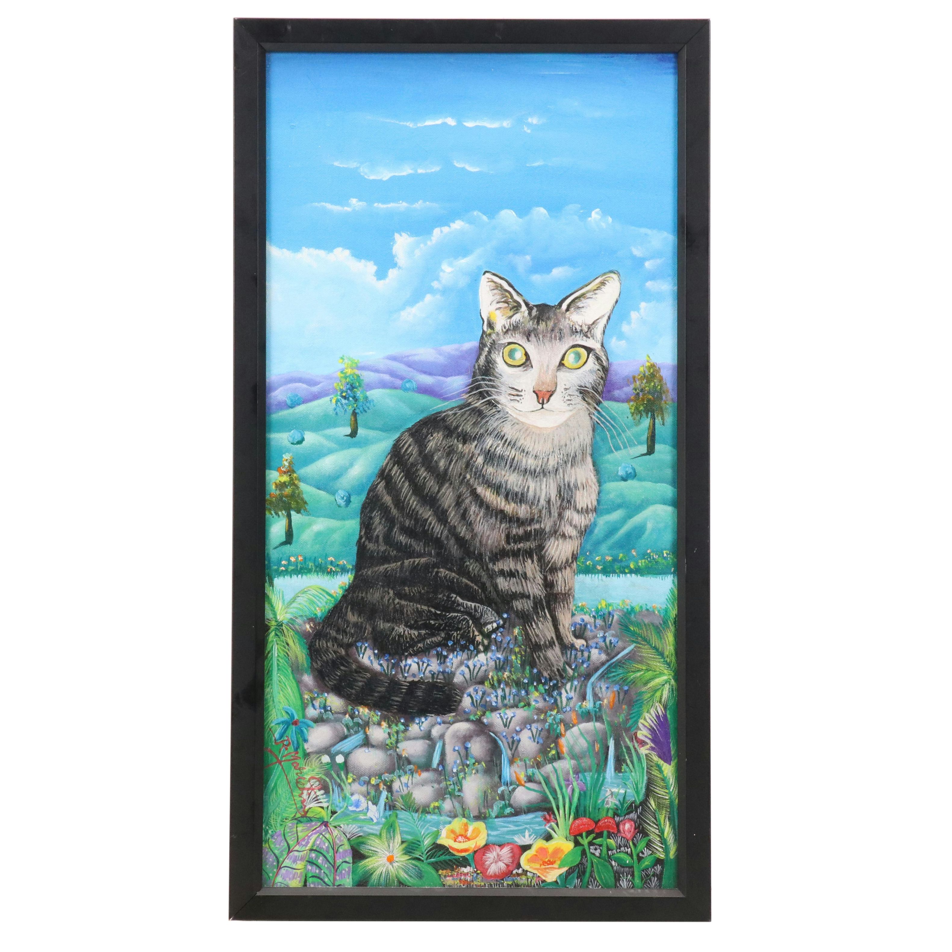 Surrealist Acrylic Painting of Cat in Vibrant Landscape