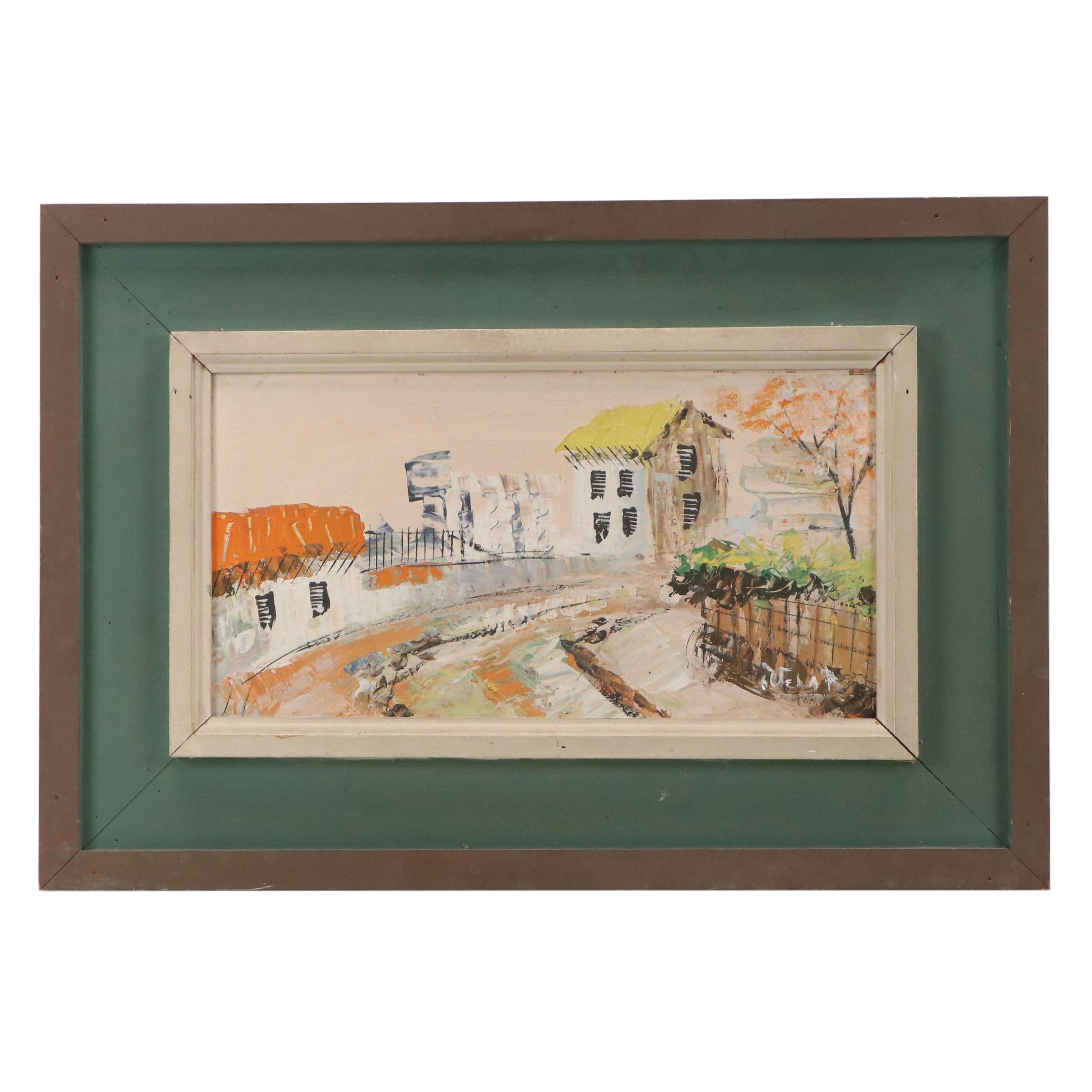 Impasto Stylized Oil Painting of Neighborhood Street Scene, 20th Century