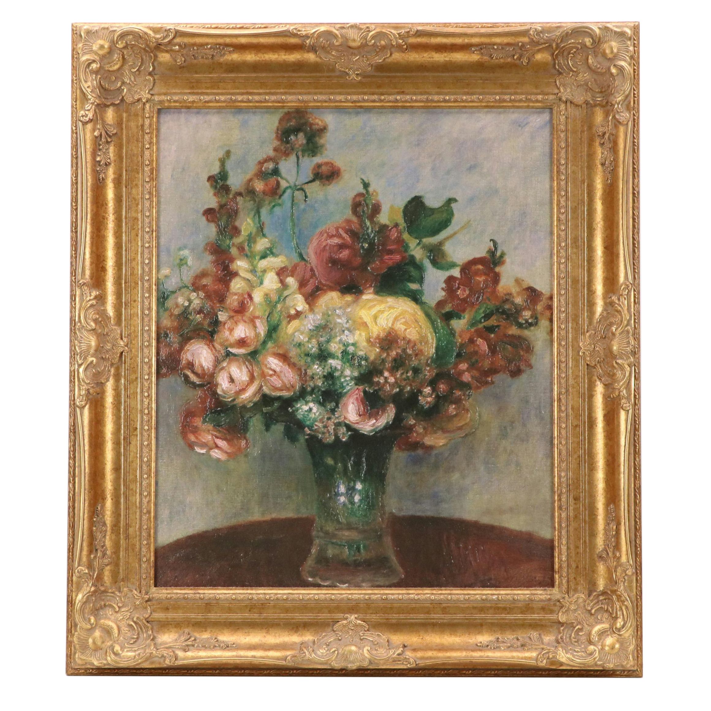 Hand-Painted Offset Lithograph After Renoir "Flowers in a Vase," 1998