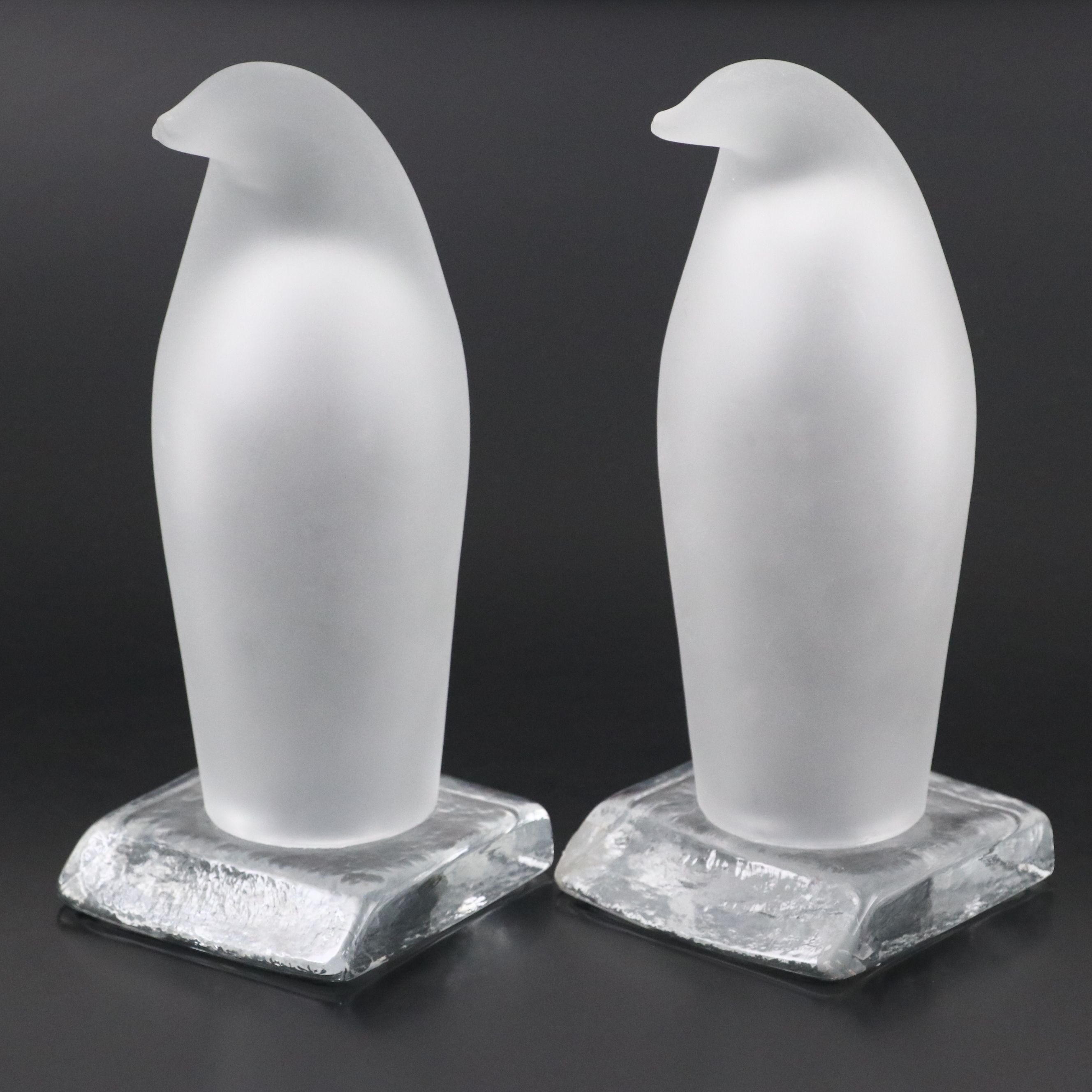 Frosted and Clear Glass Penguin Bookends