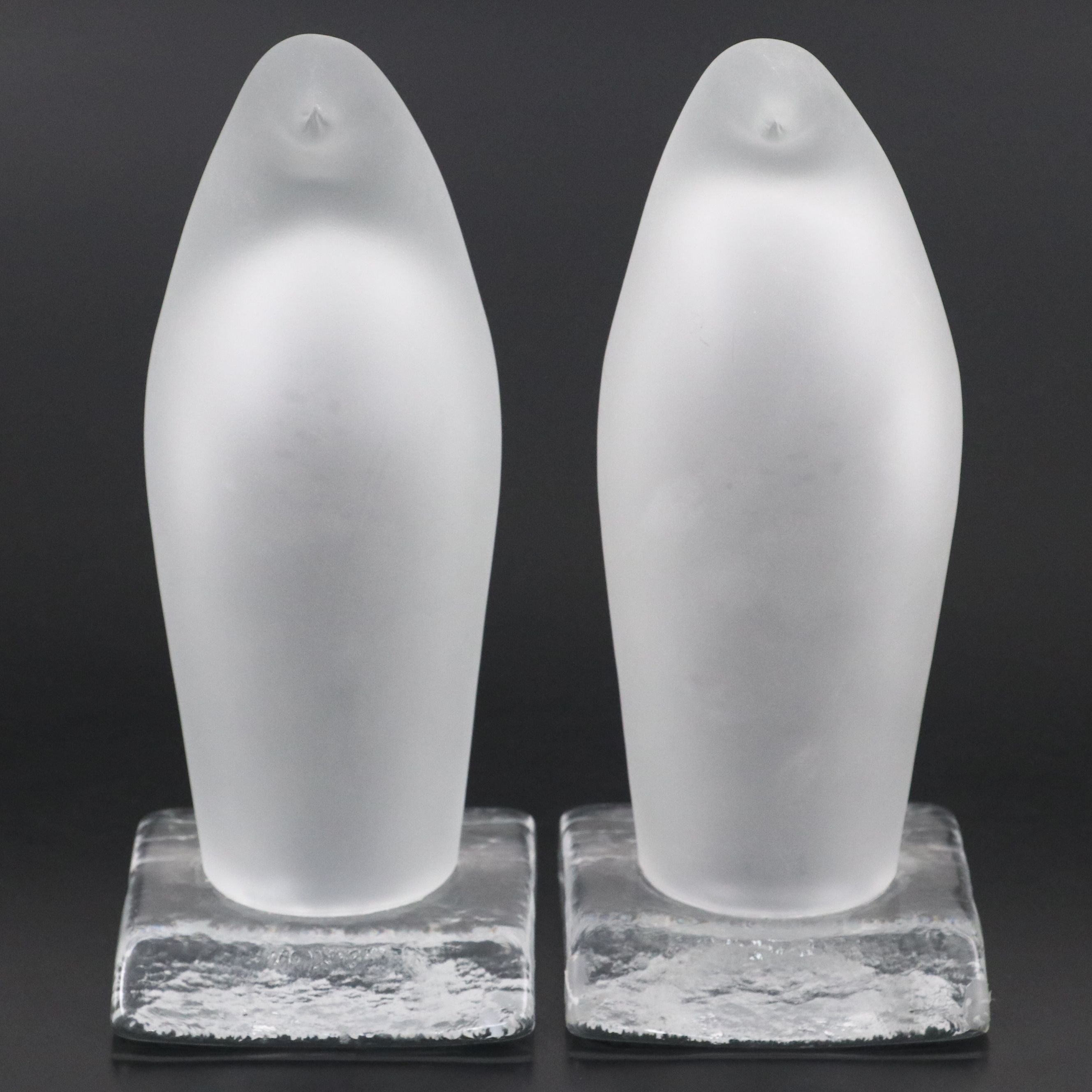 Frosted and Clear Glass Penguin Bookends