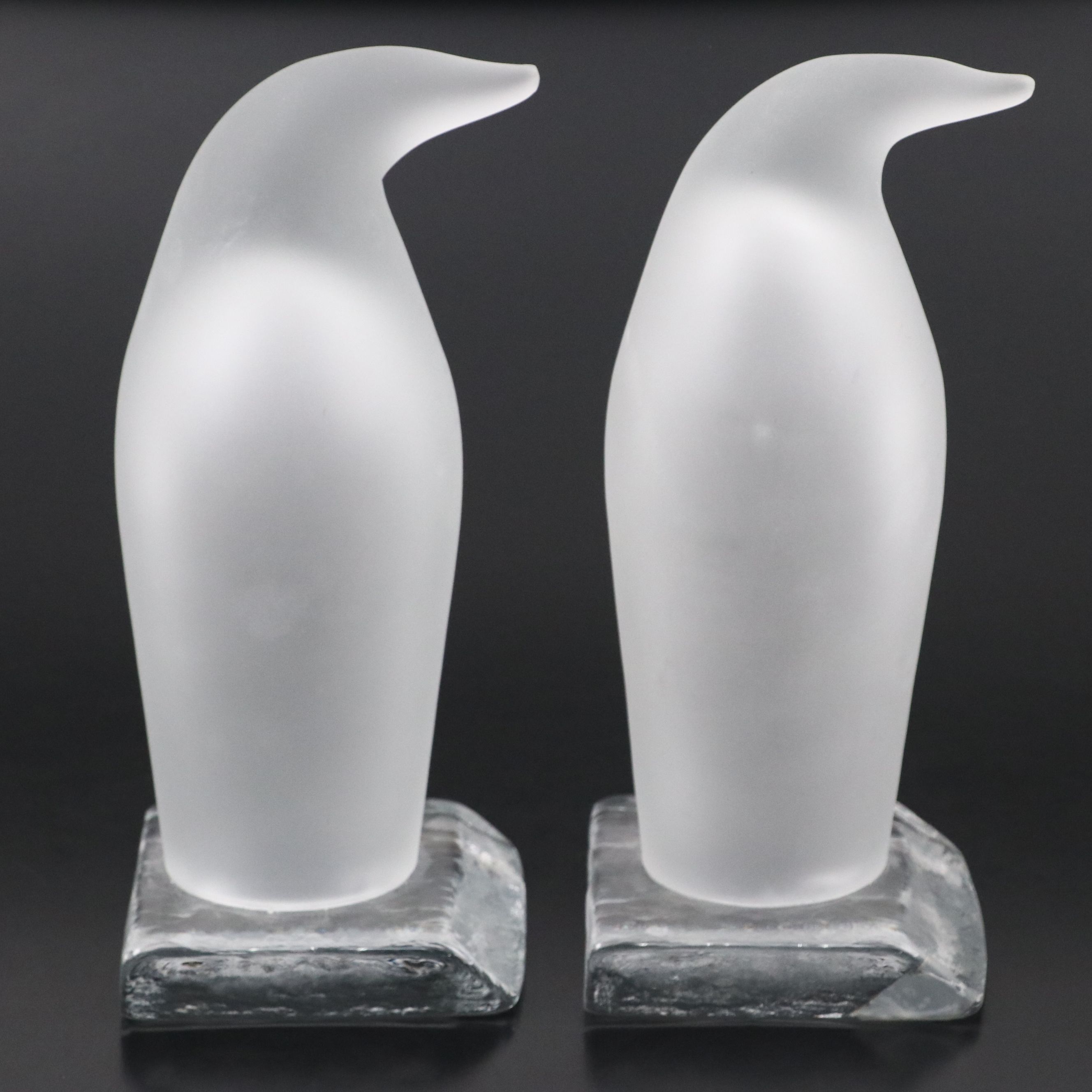 Frosted and Clear Glass Penguin Bookends
