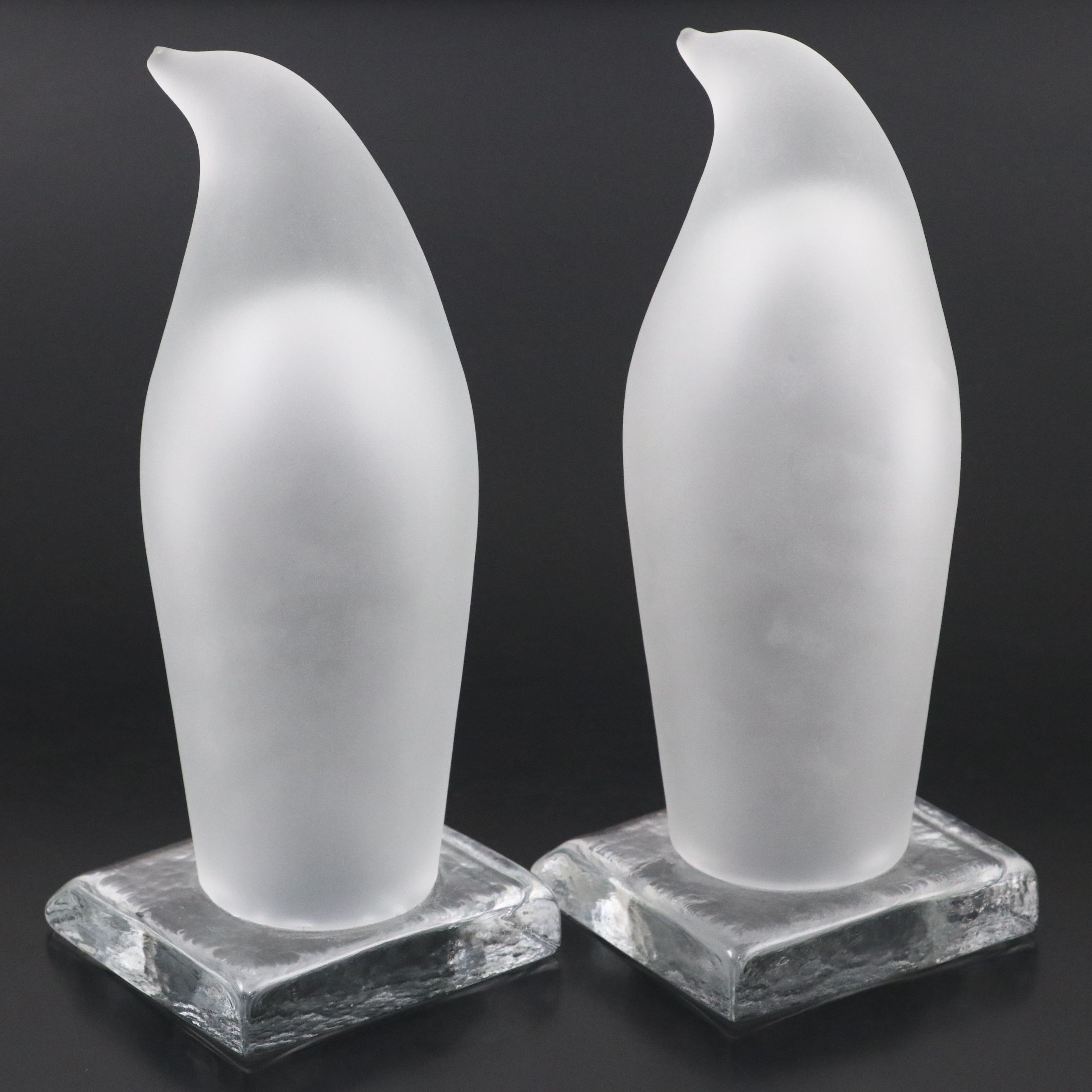 Frosted and Clear Glass Penguin Bookends