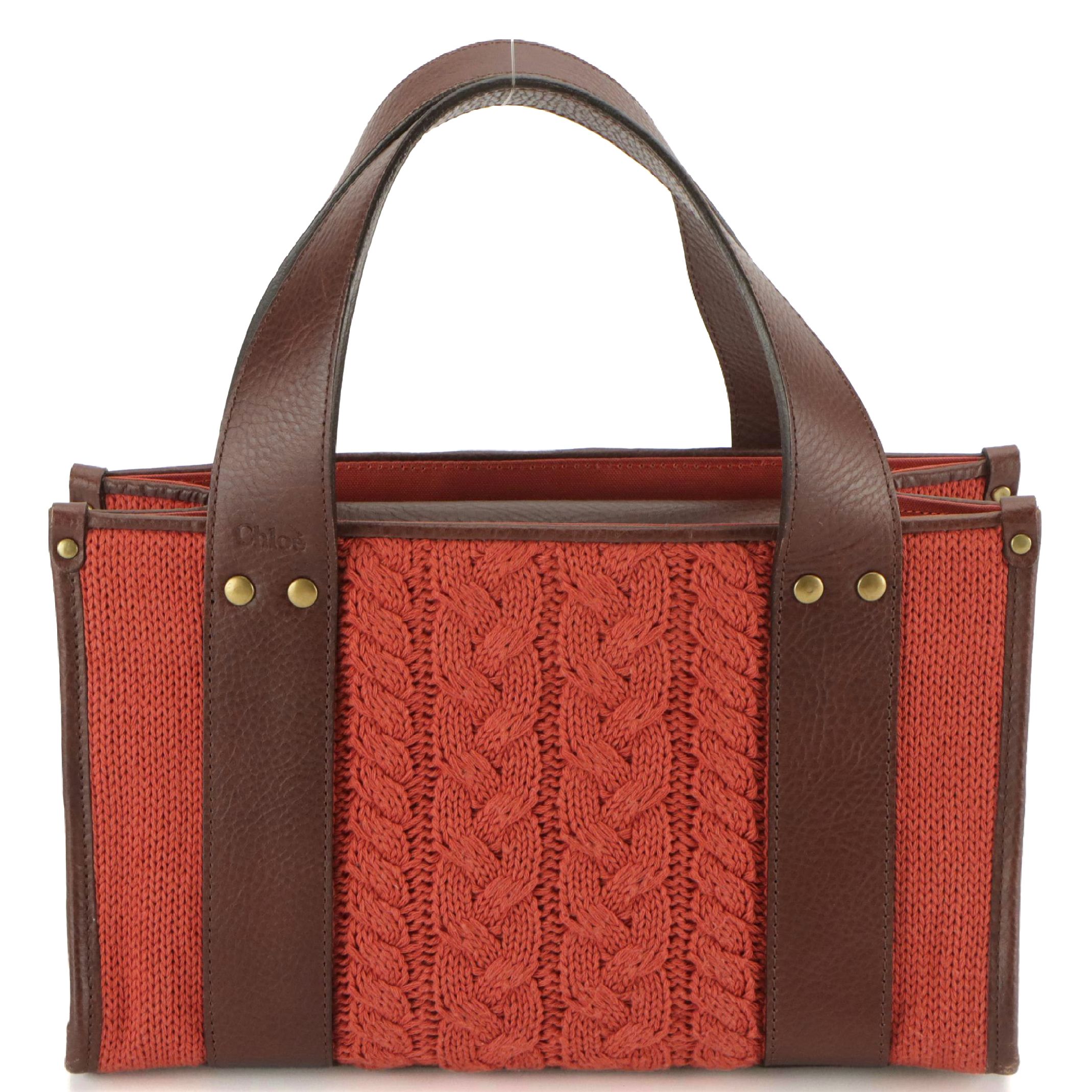 Chloé Orange Cable Knit Top Handle Bag with Brown Leather Trim