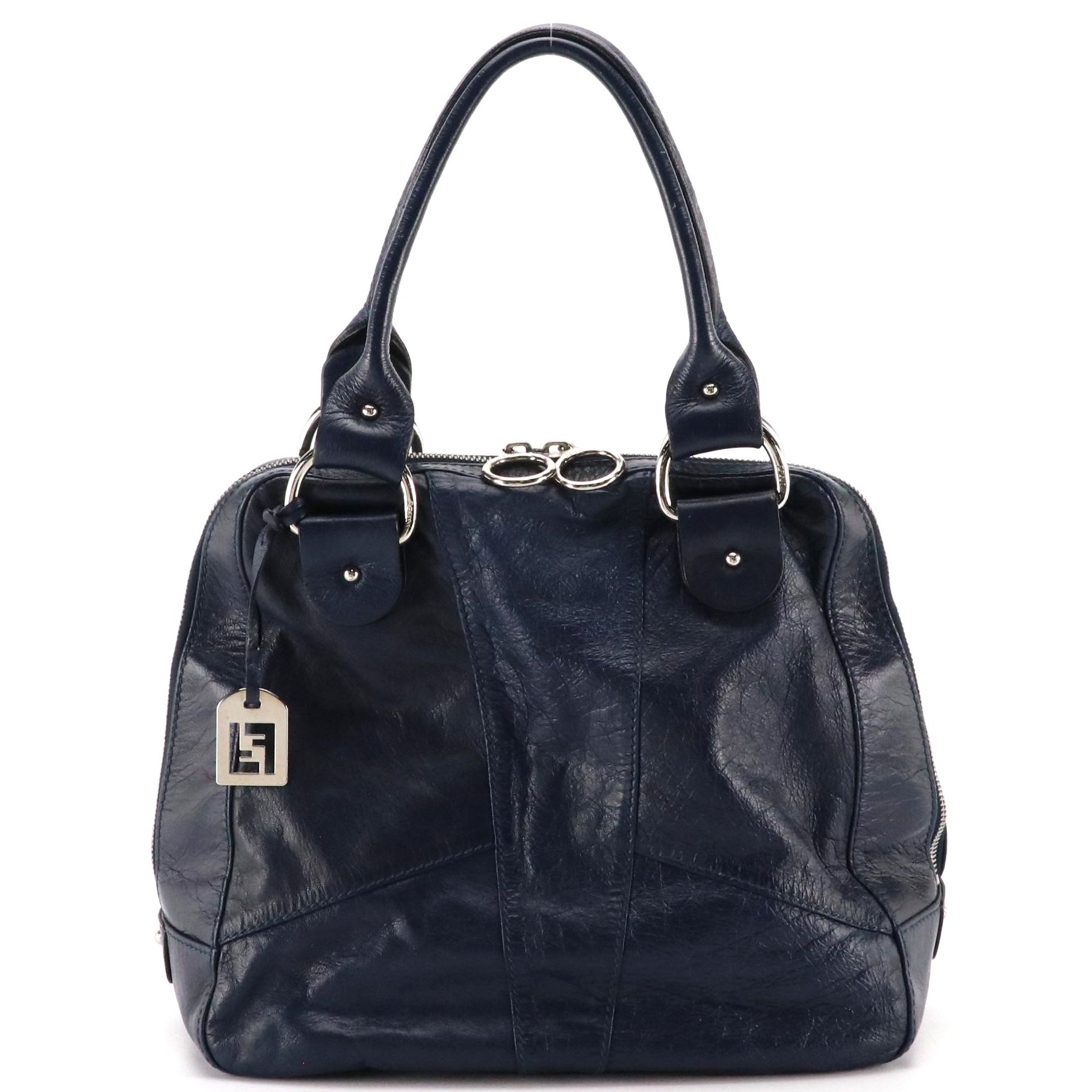 Fendi Double Zip Shoulder Bag in Navy Blue Leather