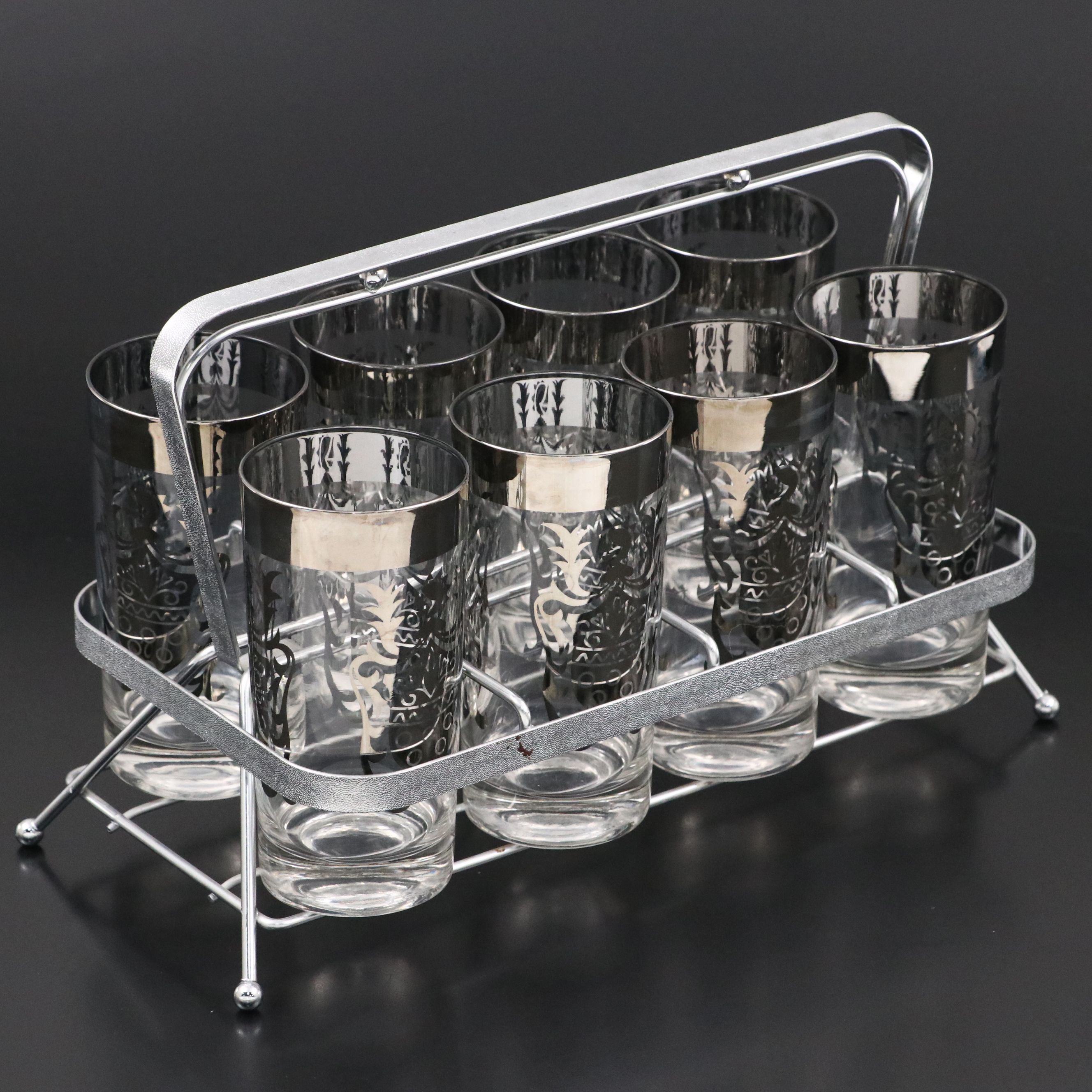 Vintage Kimko Silver Crest Highball Glasses with Chrome Caddy