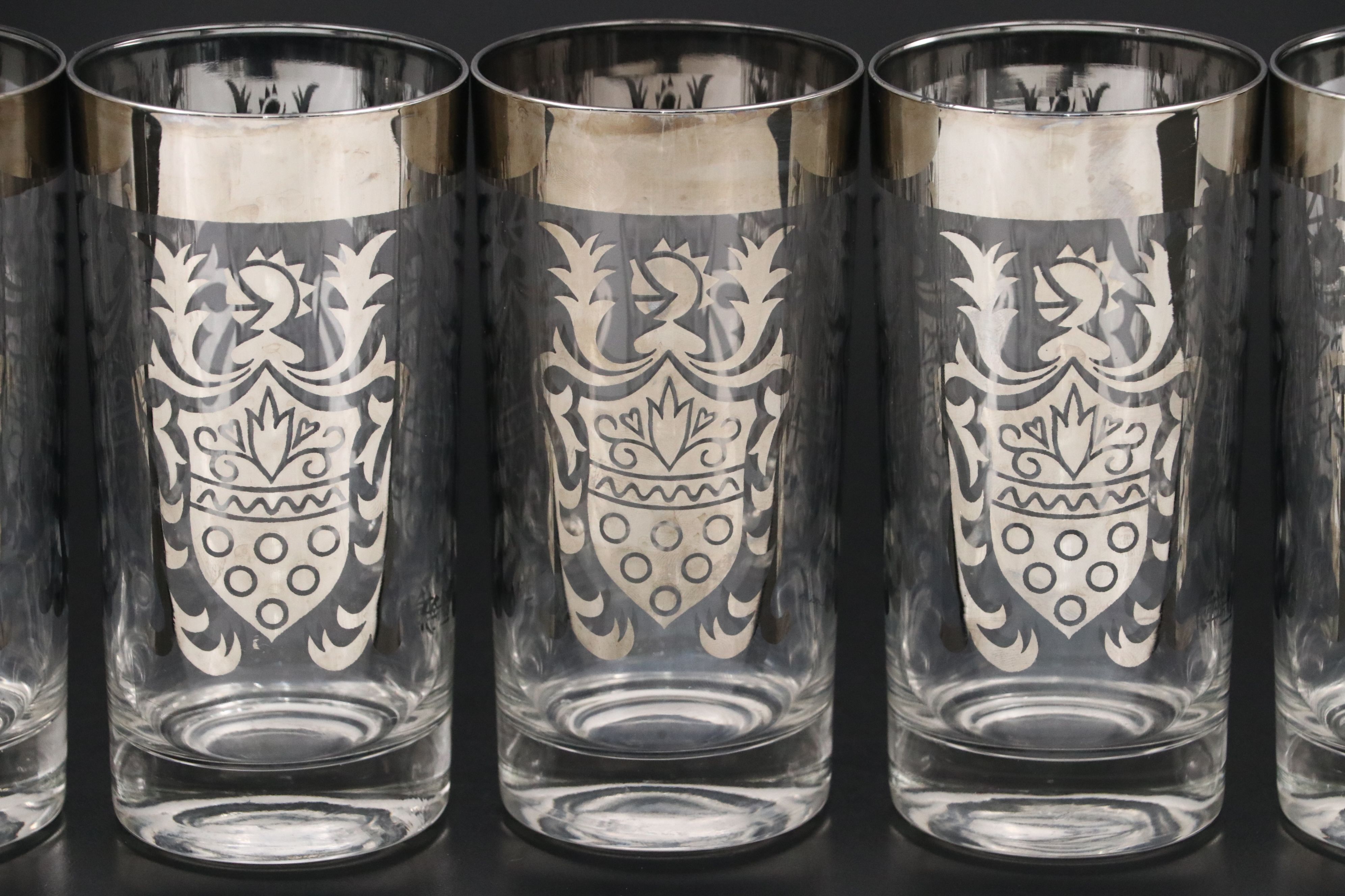 Vintage Kimko Silver Crest Highball Glasses with Chrome Caddy