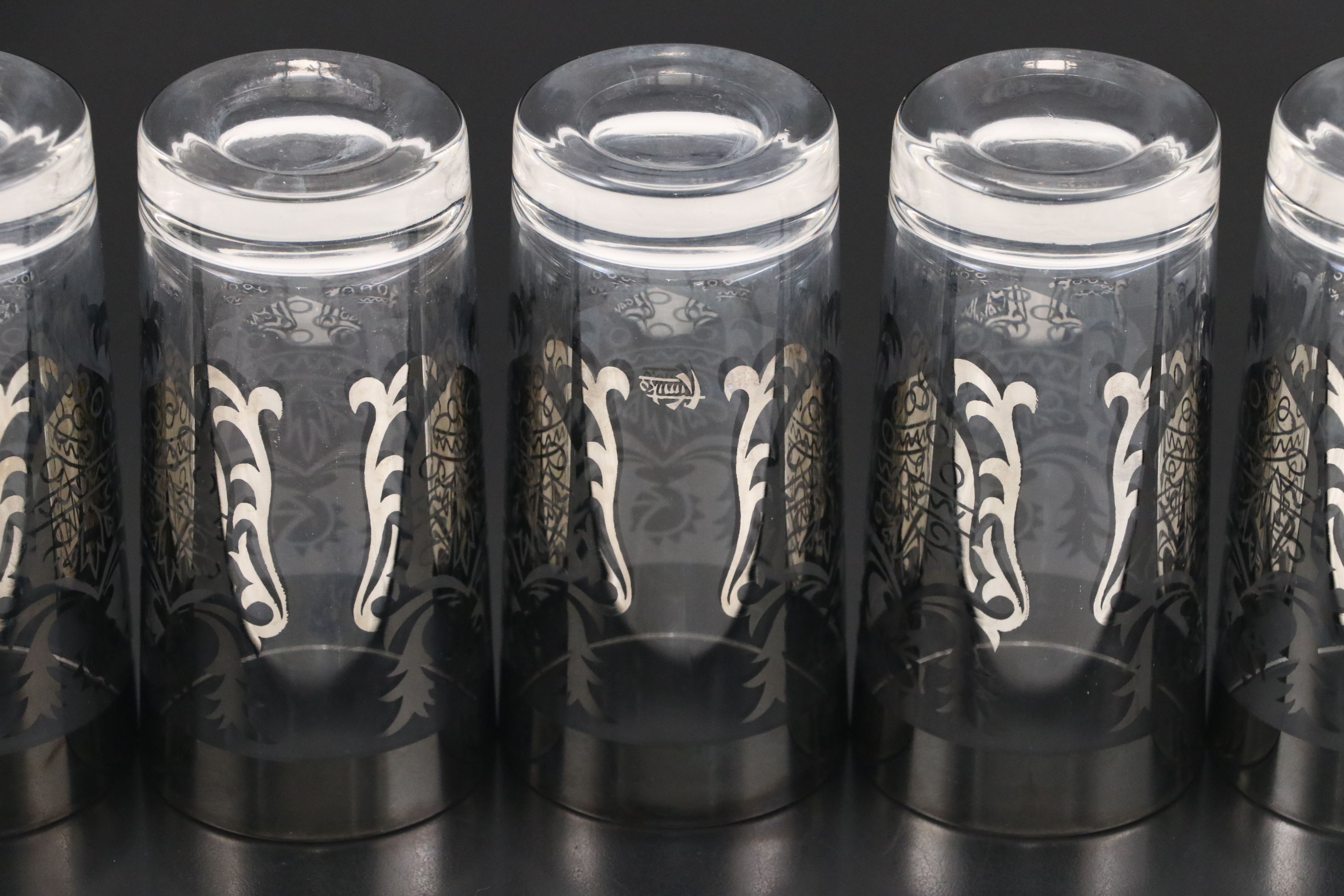 Vintage Kimko Silver Crest Highball Glasses with Chrome Caddy