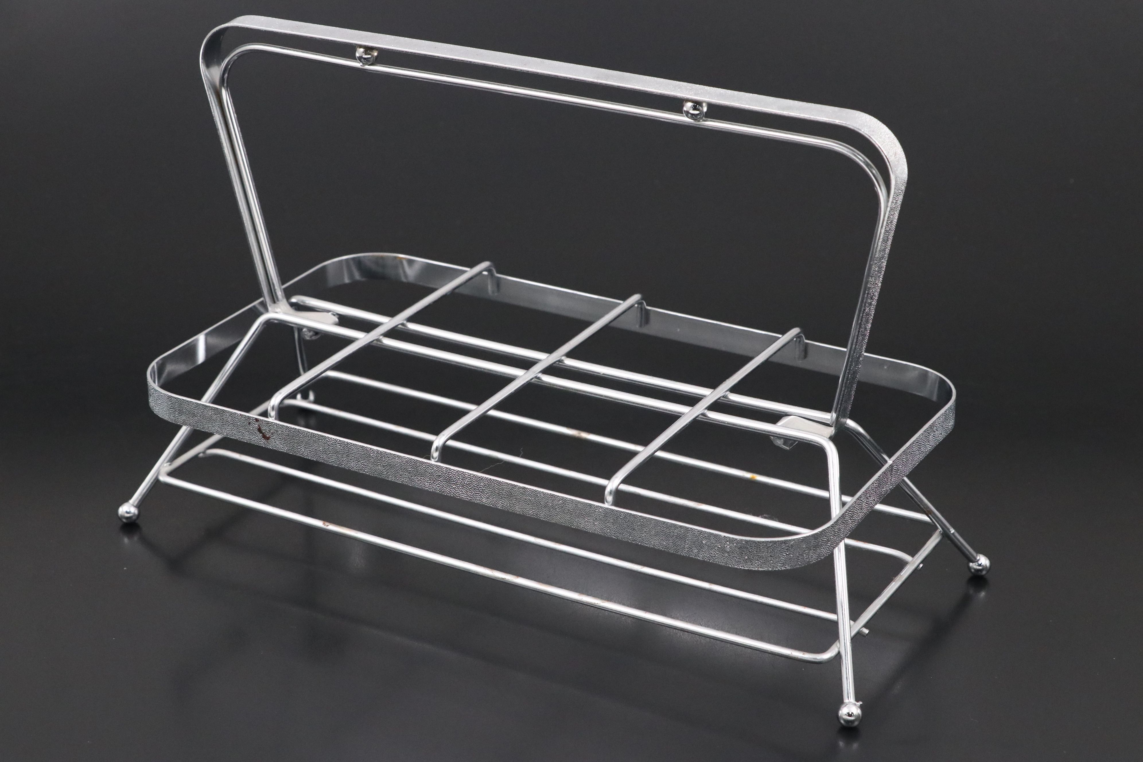 Vintage Kimko Silver Crest Highball Glasses with Chrome Caddy