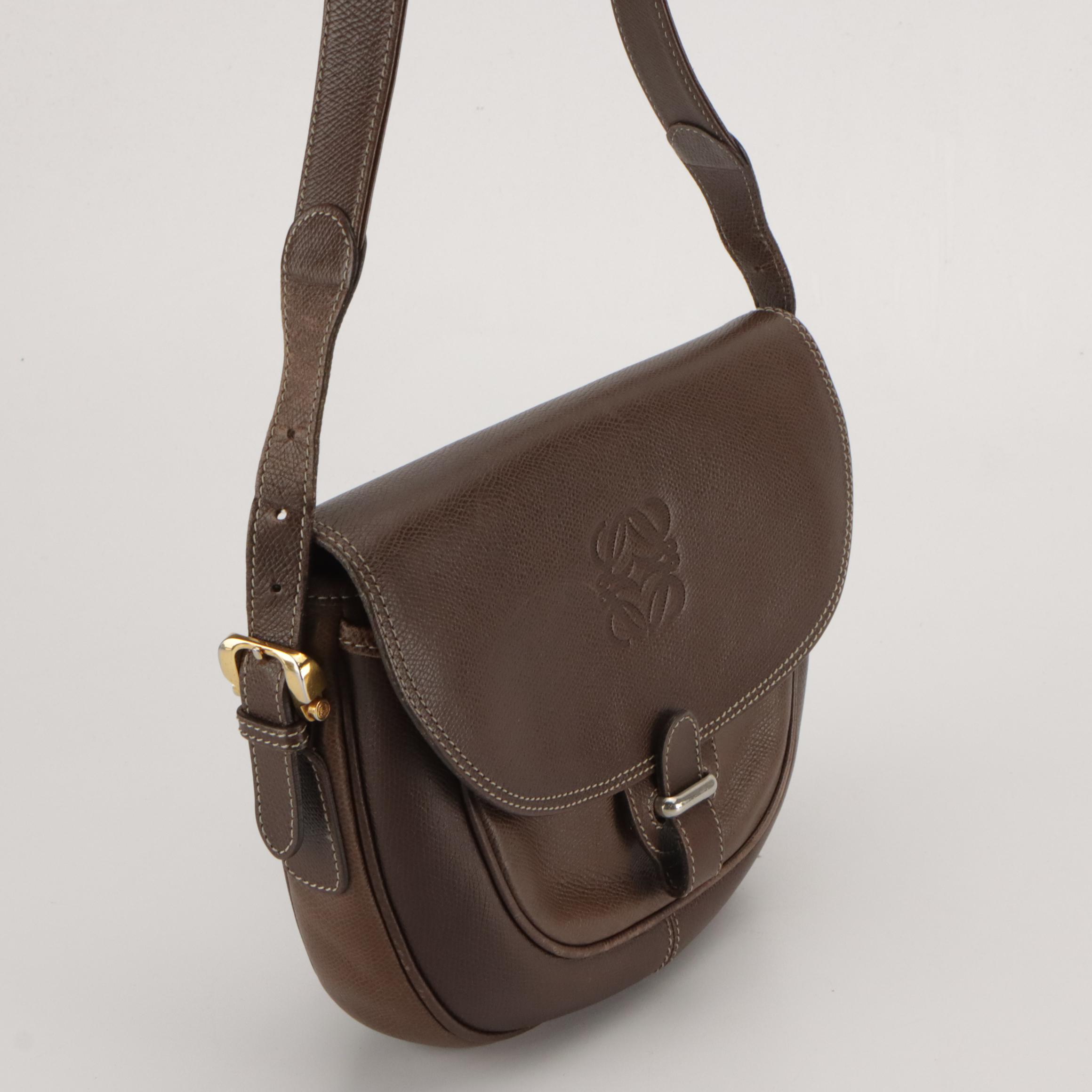Loewe Vintage Anagram Embossed Crossbody Saddle Bag in Brown Leather, With Box