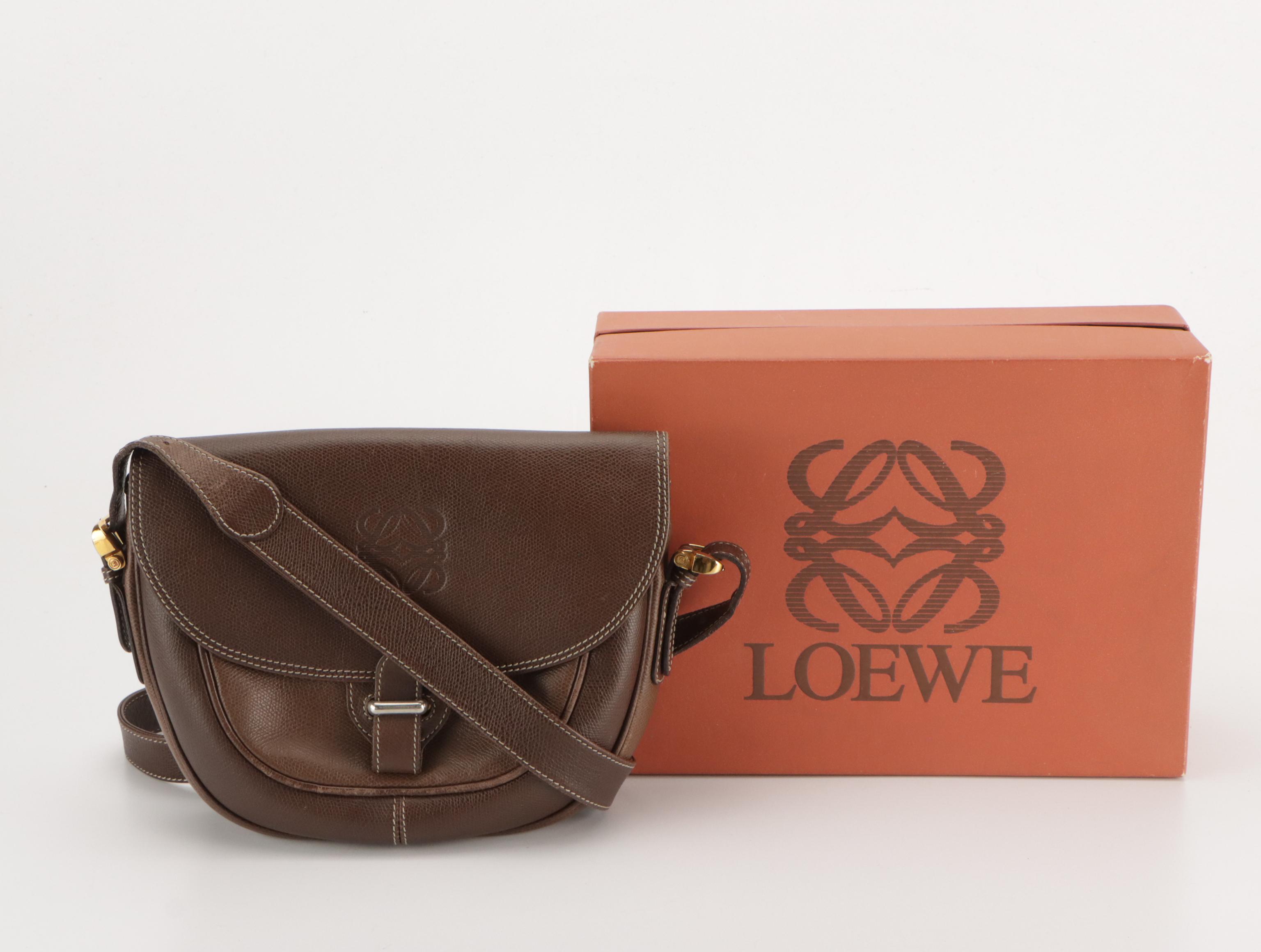 Loewe Vintage Anagram Embossed Crossbody Saddle Bag in Brown Leather, With Box