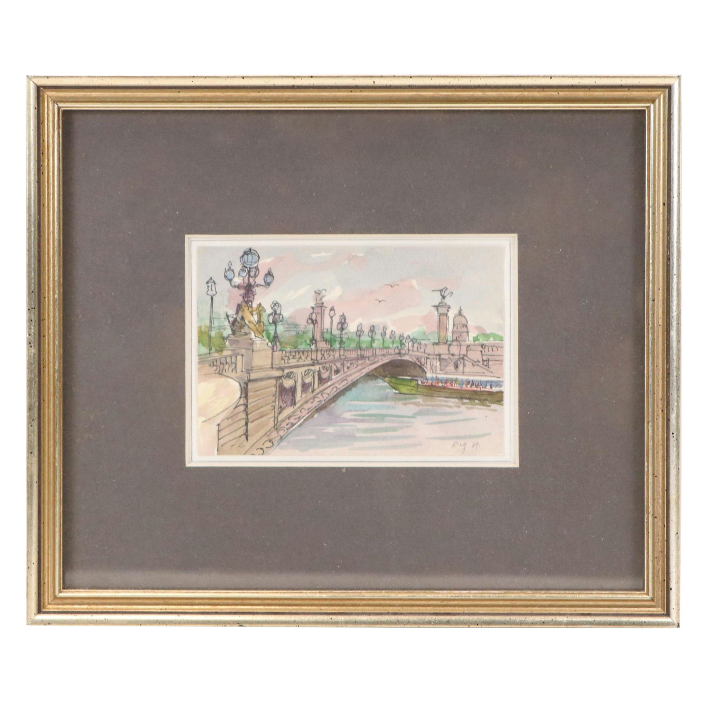 Parisian Cityscape Watercolor Painting of Pont Alexandre III Bridge, 1984