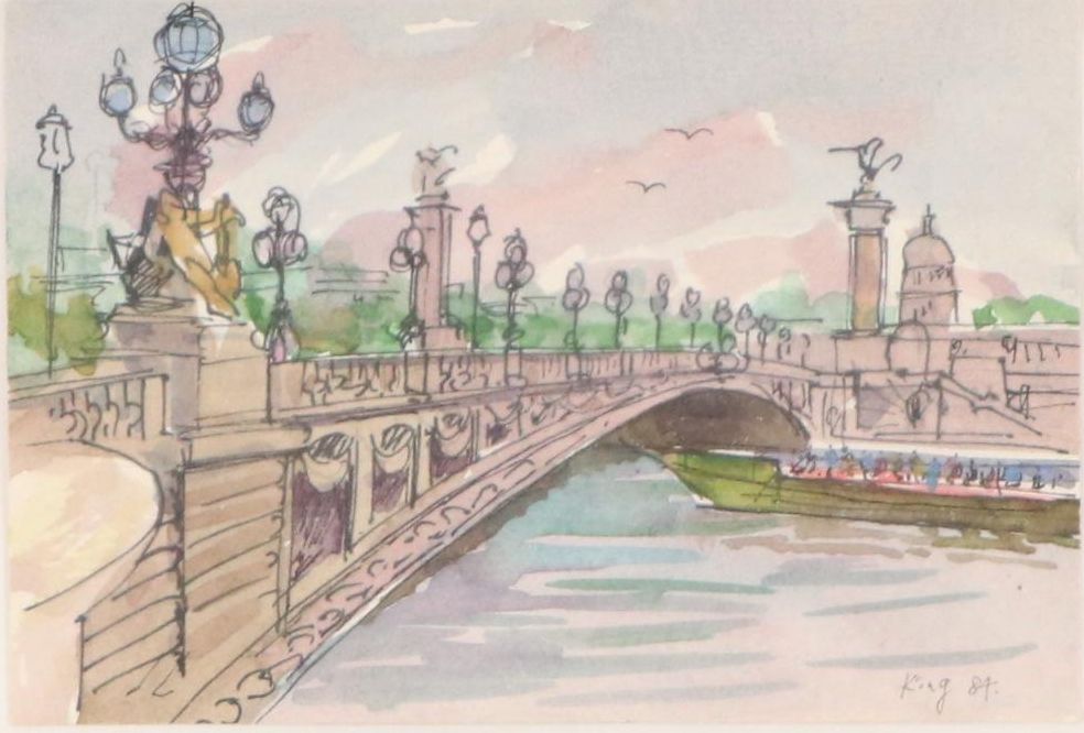 Parisian Cityscape Watercolor Painting of Pont Alexandre III Bridge, 1984
