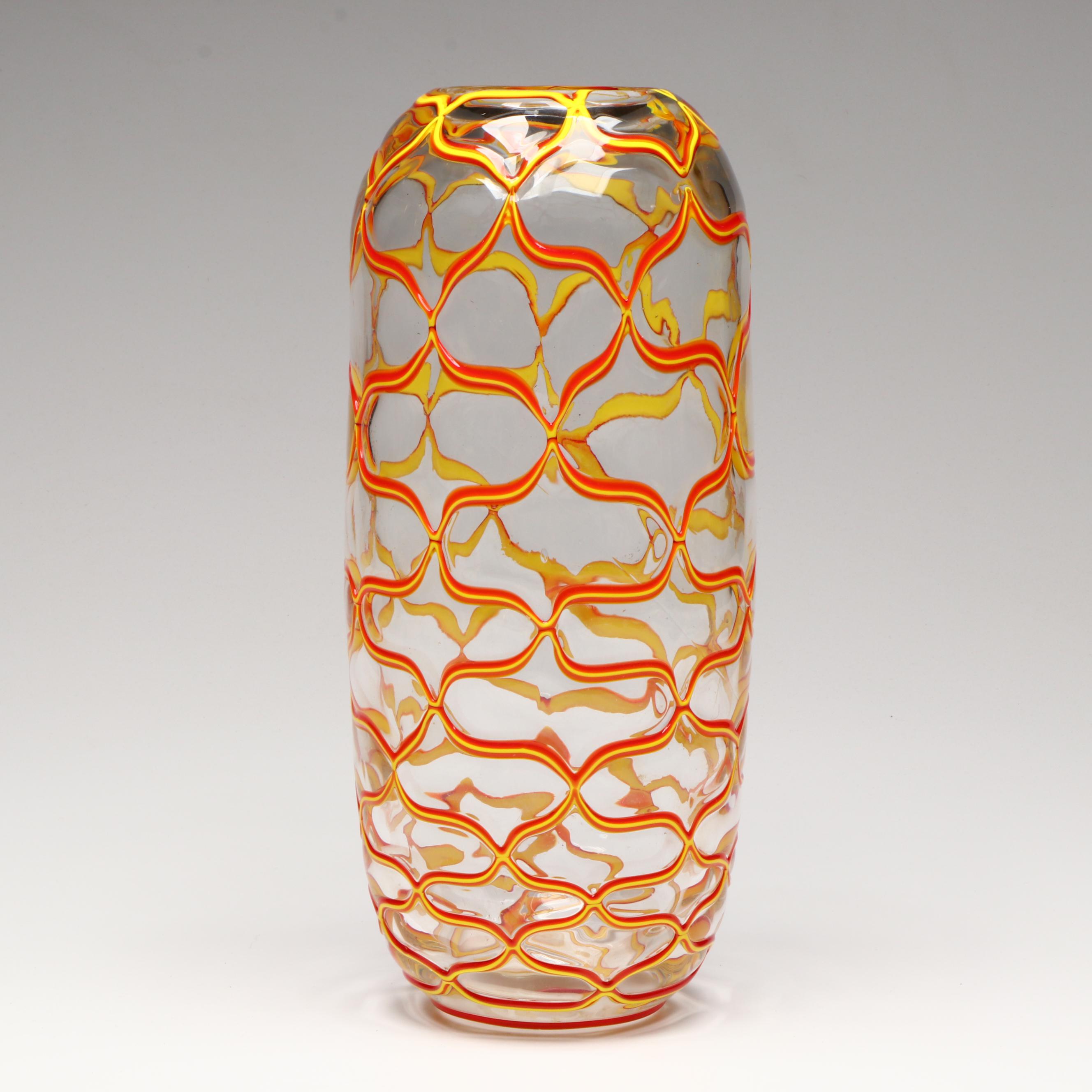 Blown Glass Red & Yellow on Clear Vase