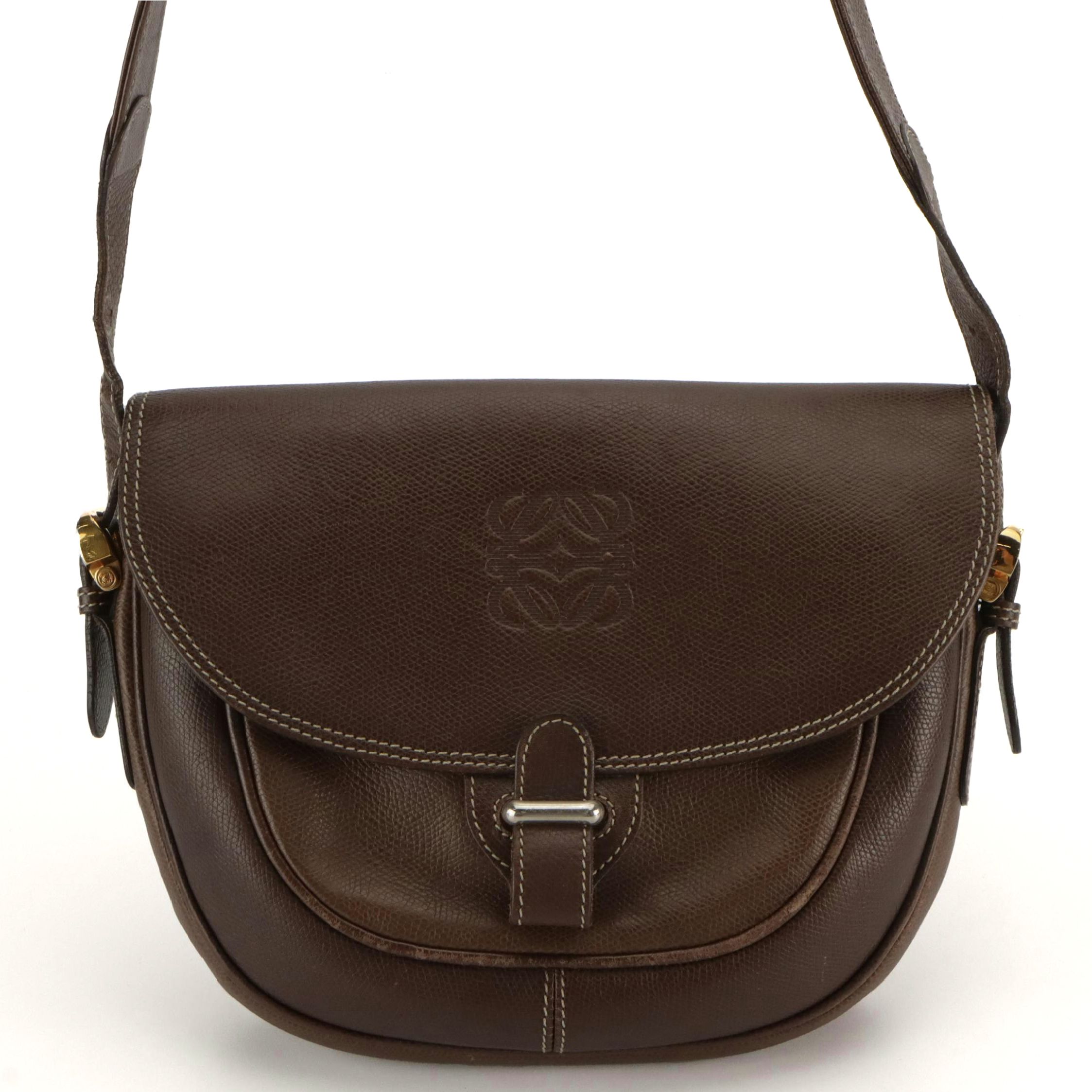 Loewe Vintage Anagram Embossed Crossbody Saddle Bag in Brown Leather, With Box