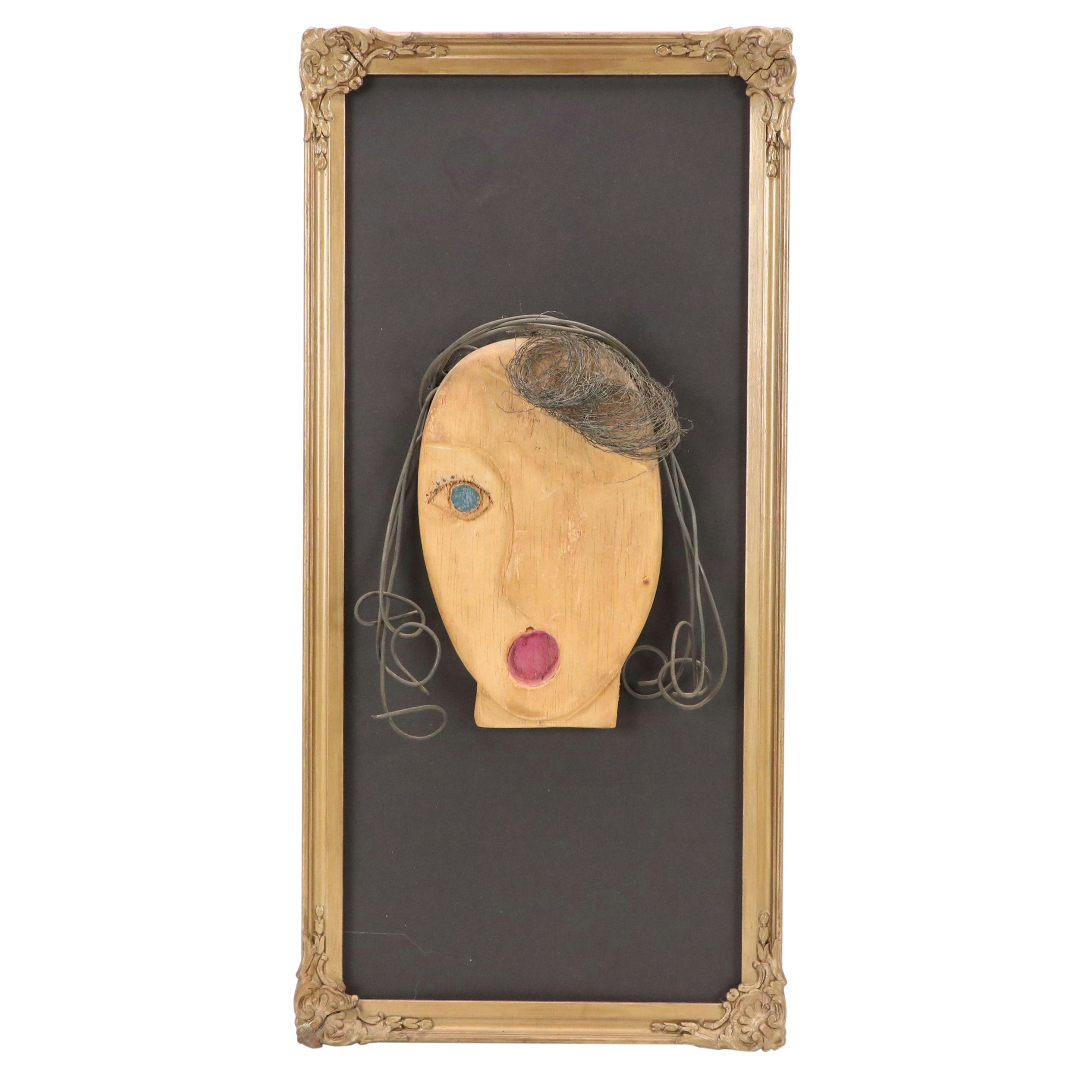 Abstract Figurative Mixed Media Assemblage of Woman With Mouth Agape