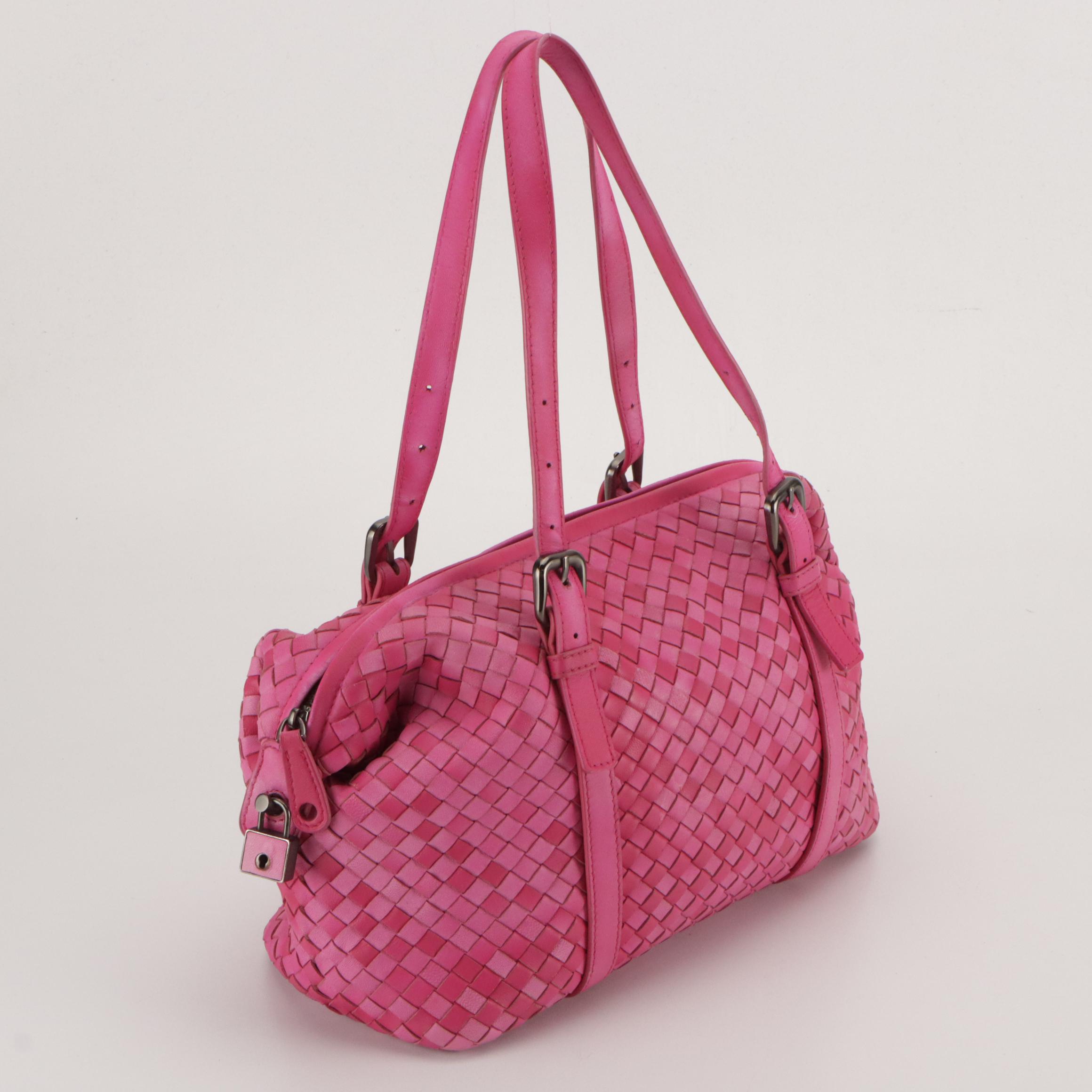 Bottega Veneta Montaigne Shoulder Satchel in Hot Pink Intrecciato Nappa Leather