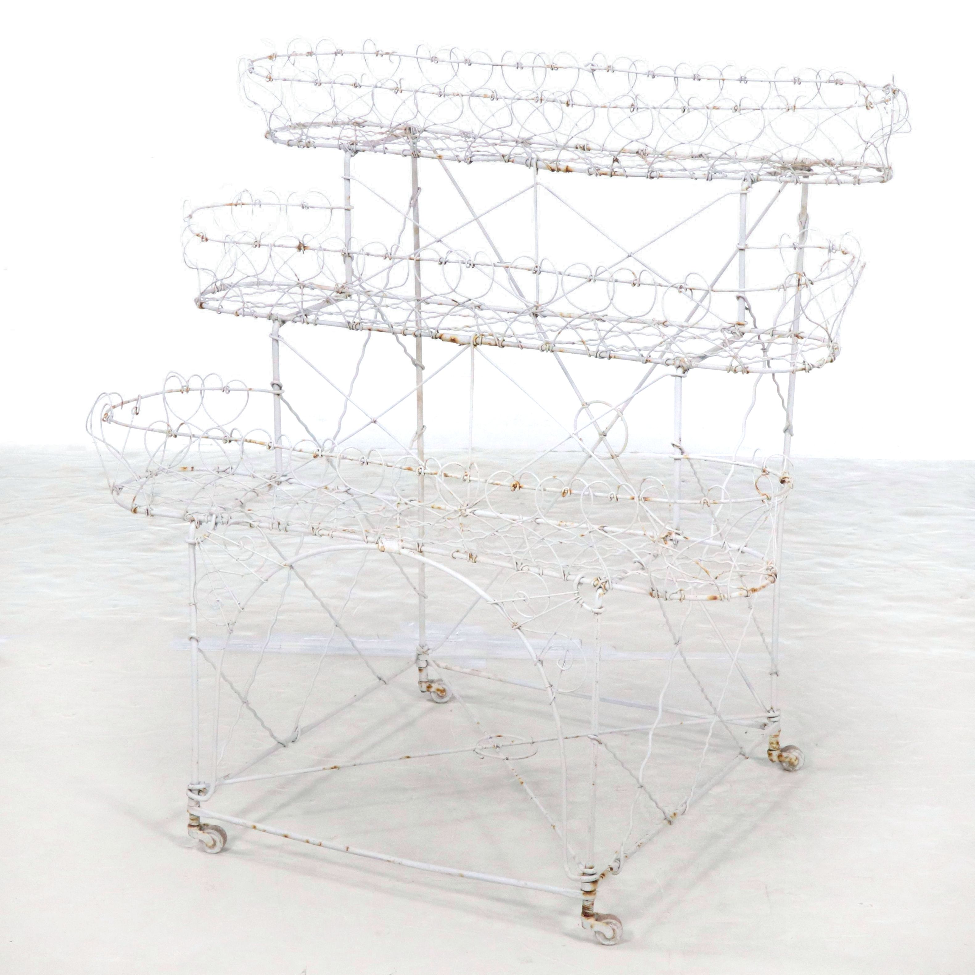 French Wire Style White-Painted Wrought Metal Plant Stand