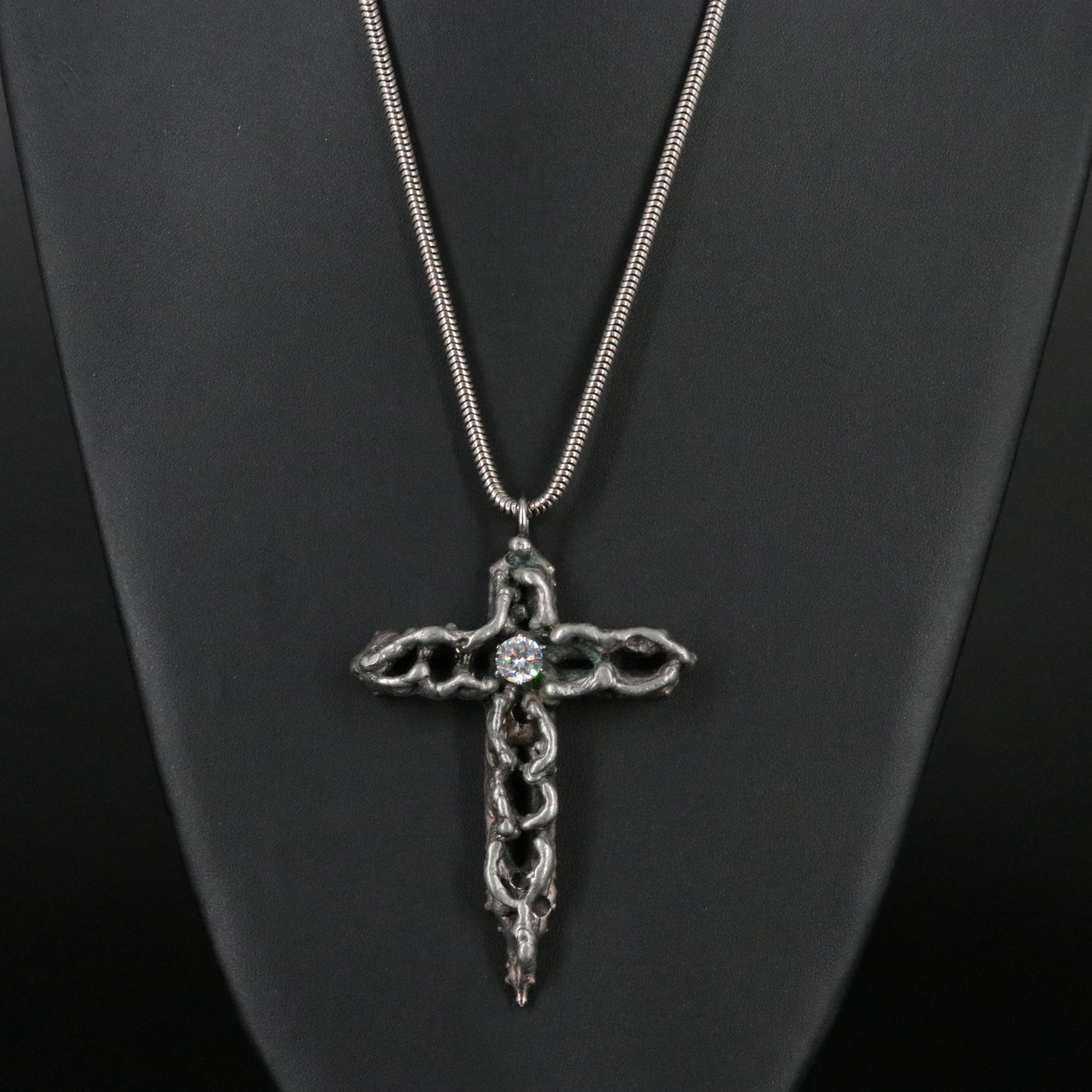 Brutalist Cross Necklace with Cubic Zirconia