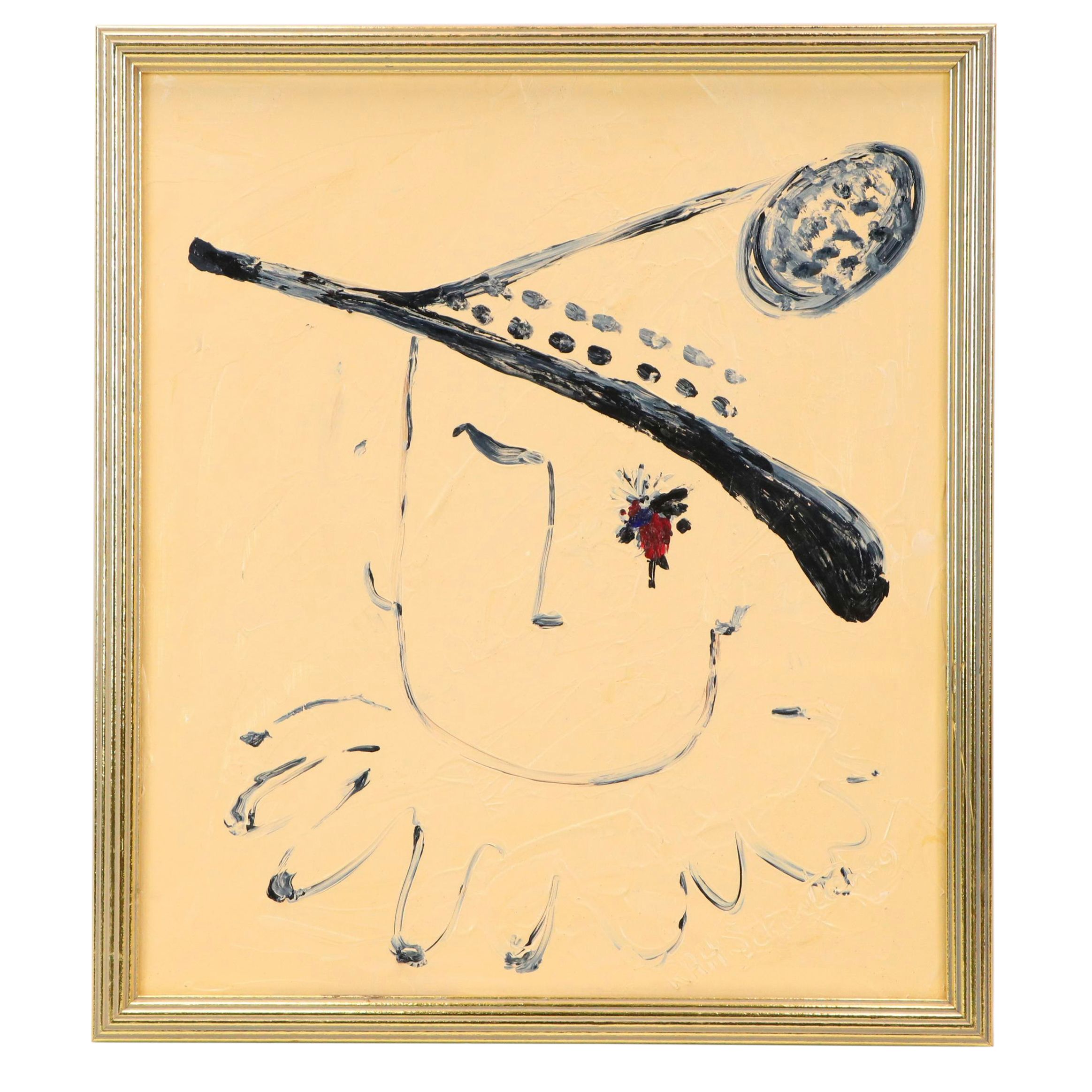 Modernist Style Oil Painting of Whimsical Figure with Hat