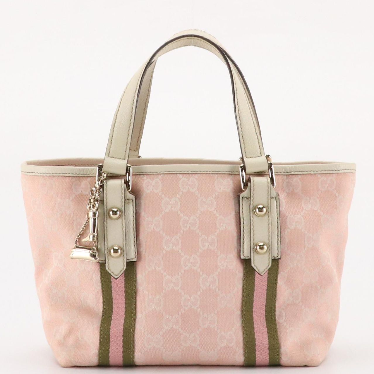 Gucci Small Jolicoeur Tote in Pink GG Canvas, Web Stripes and White Leather Trim
