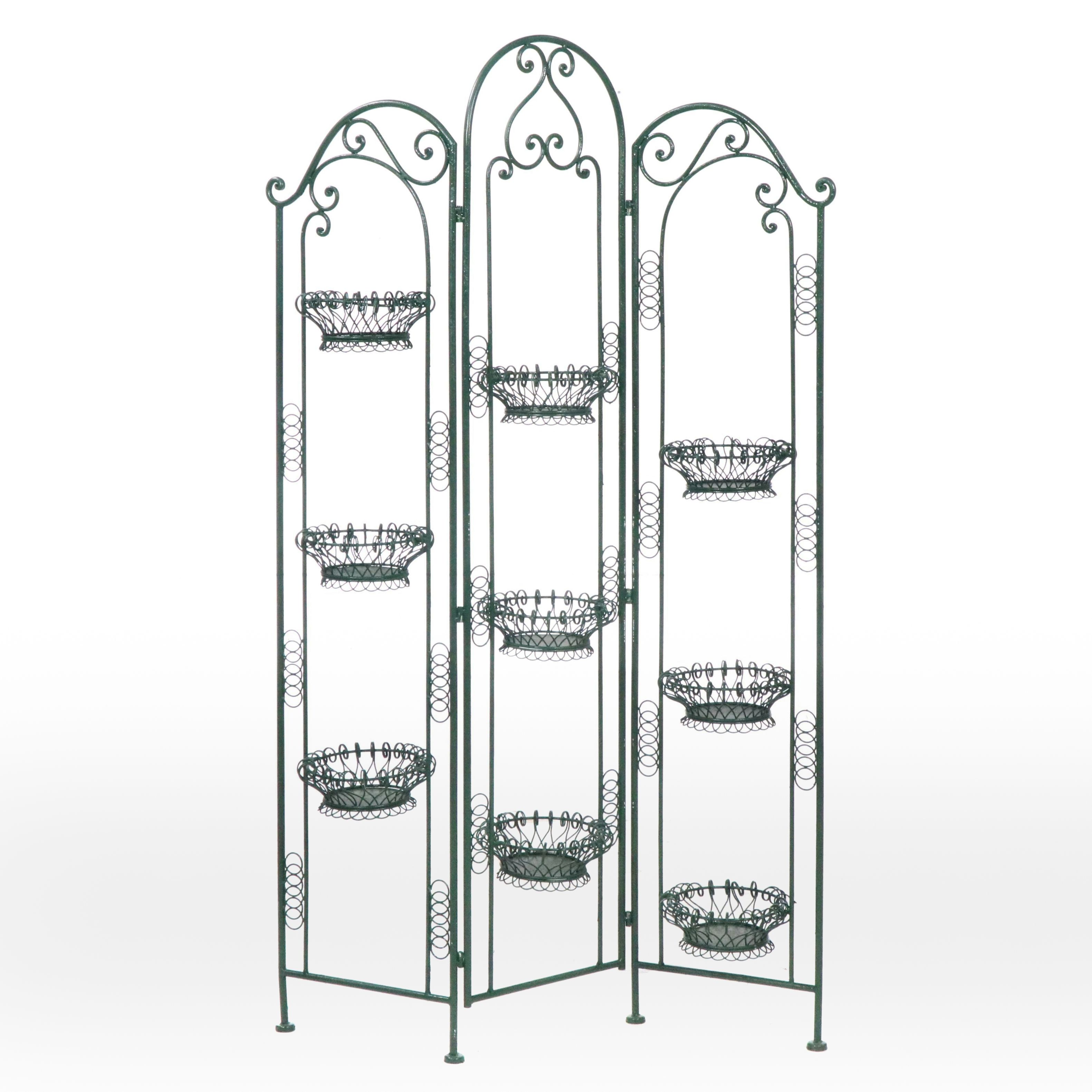Green-Painted Wrought Metal Three-Panel Plant Stand Screen