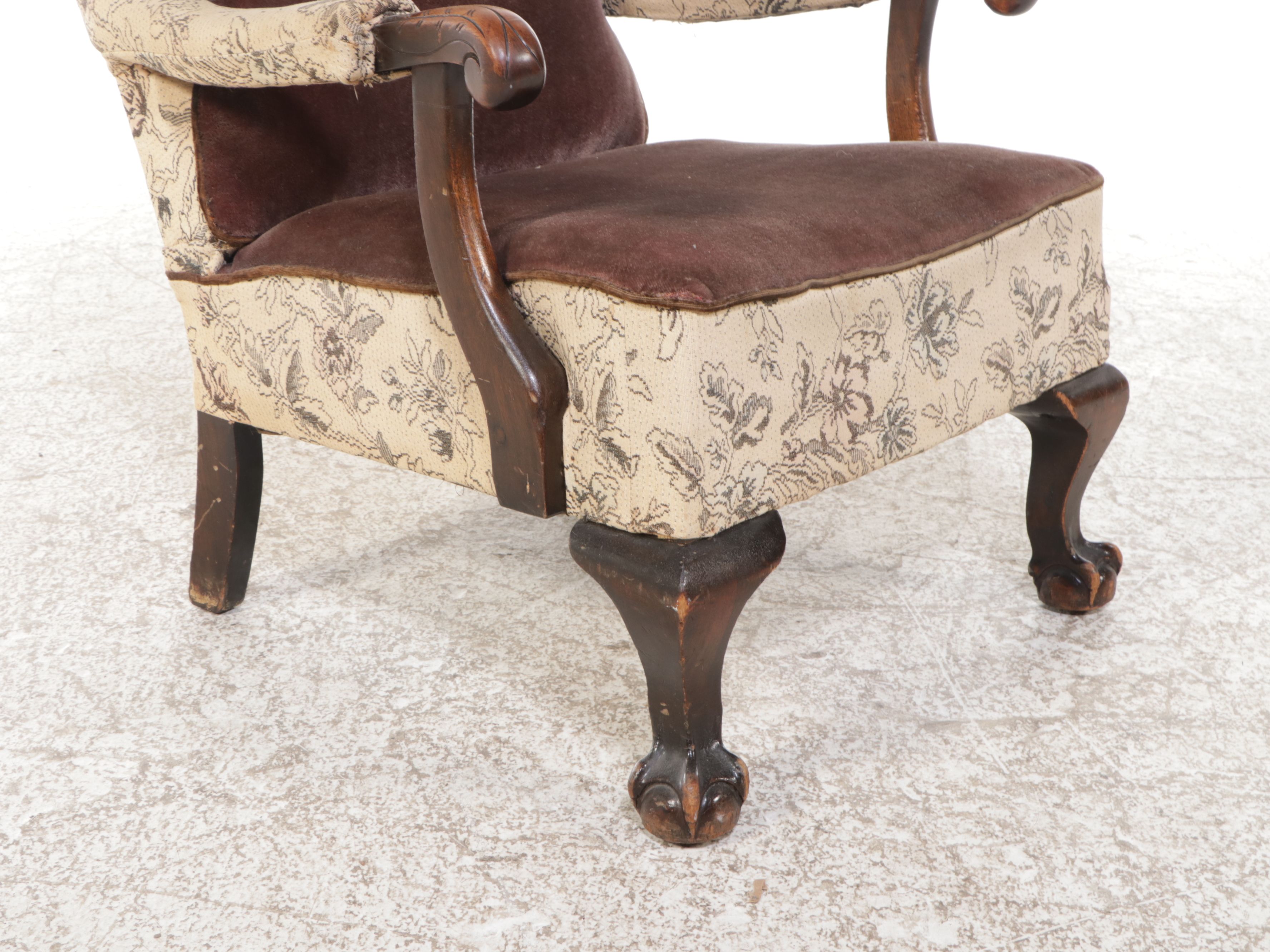 Mixed Fabric Upholstered Claw and Ball Foot Armchair, 20th Century