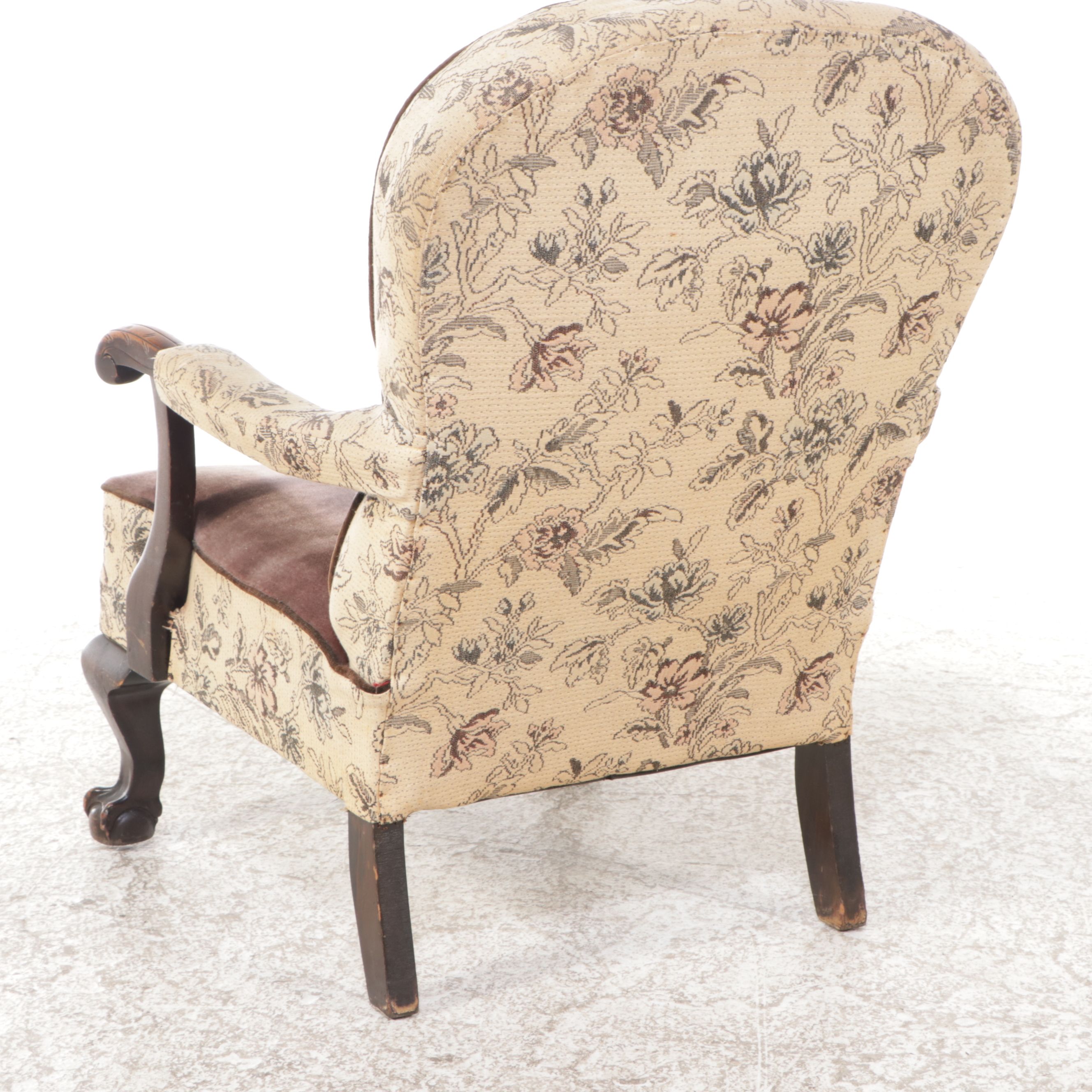 Mixed Fabric Upholstered Claw and Ball Foot Armchair, 20th Century