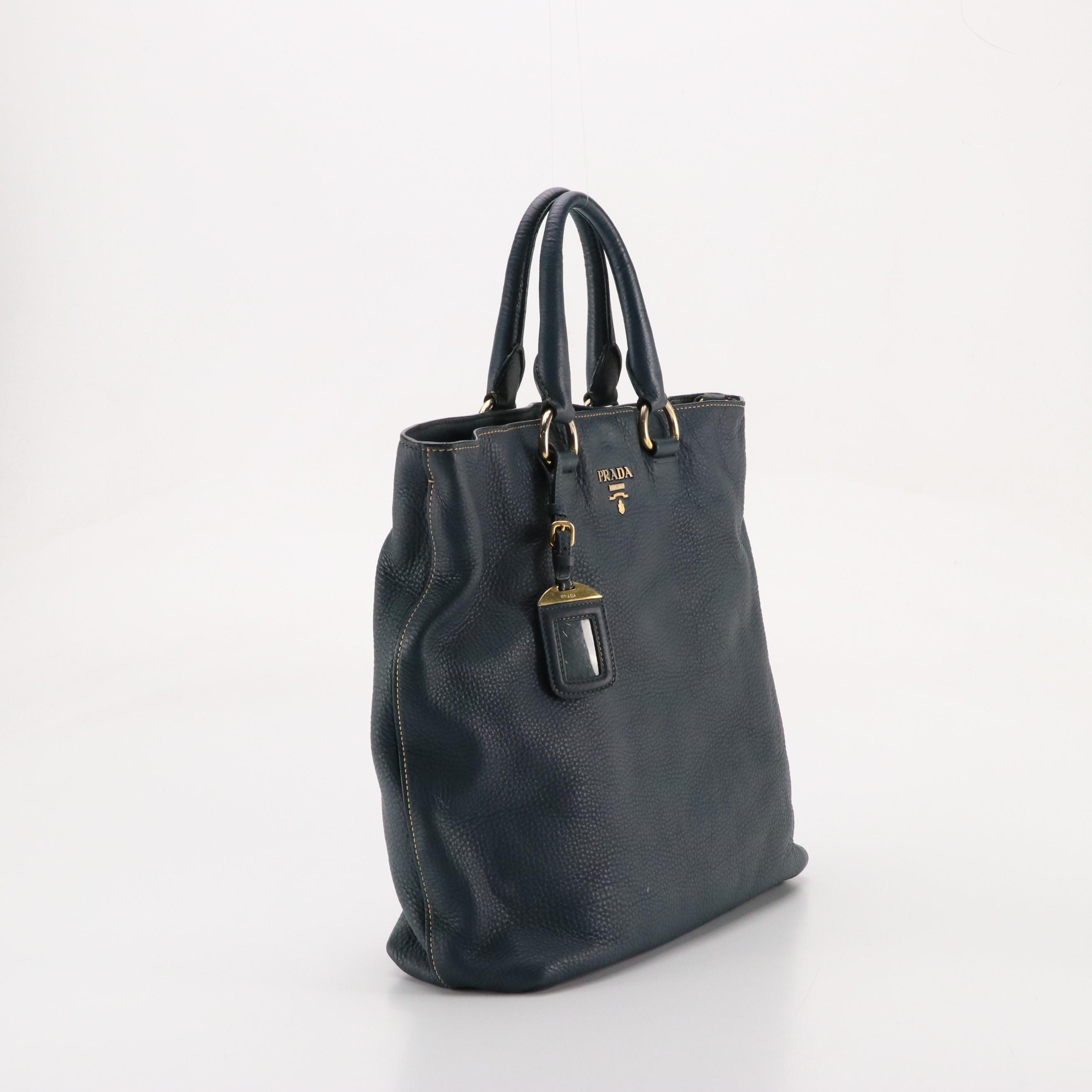 Prada Large Two-Way Tote in Navy Blue Vitello Daino Leather