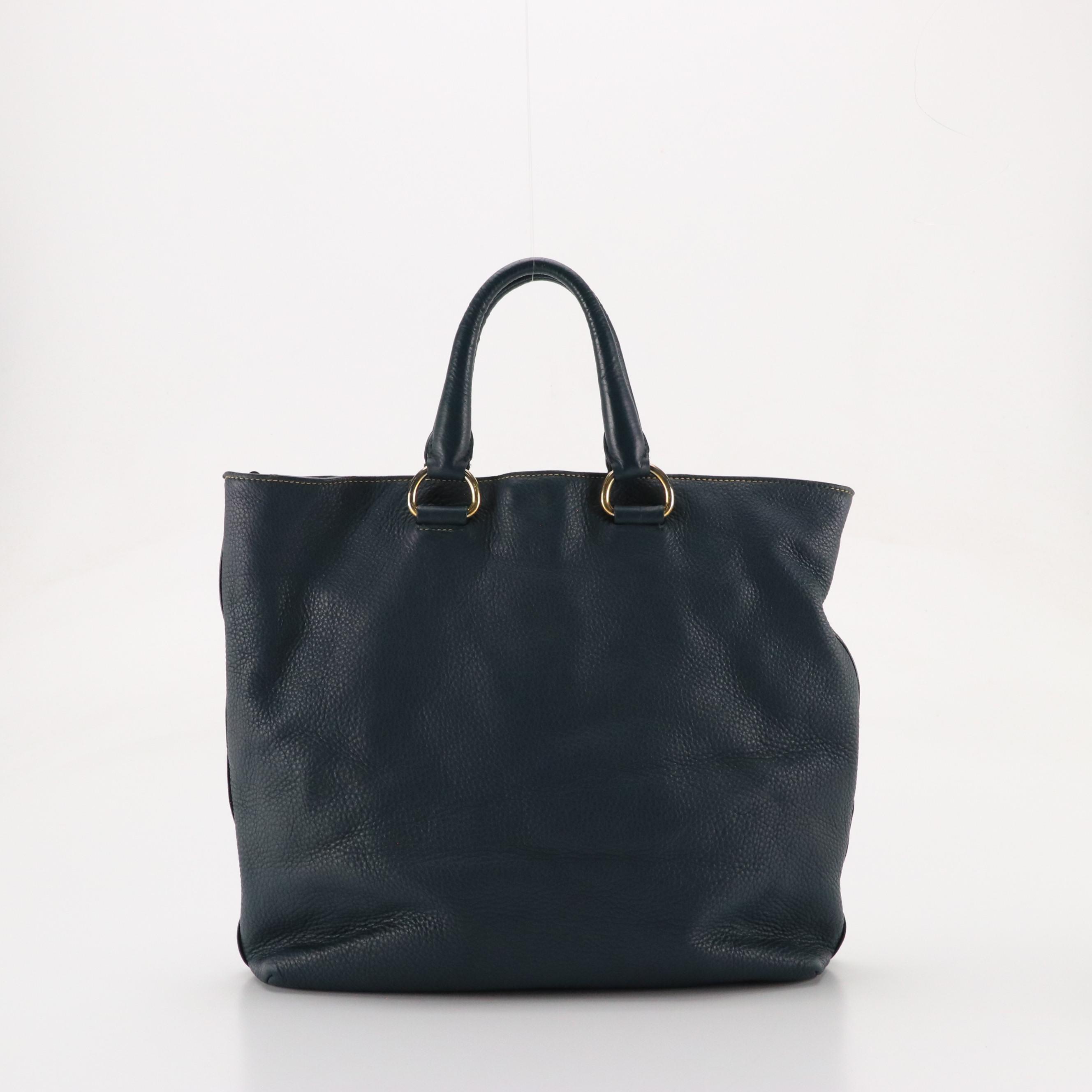Prada Large Two-Way Tote in Navy Blue Vitello Daino Leather