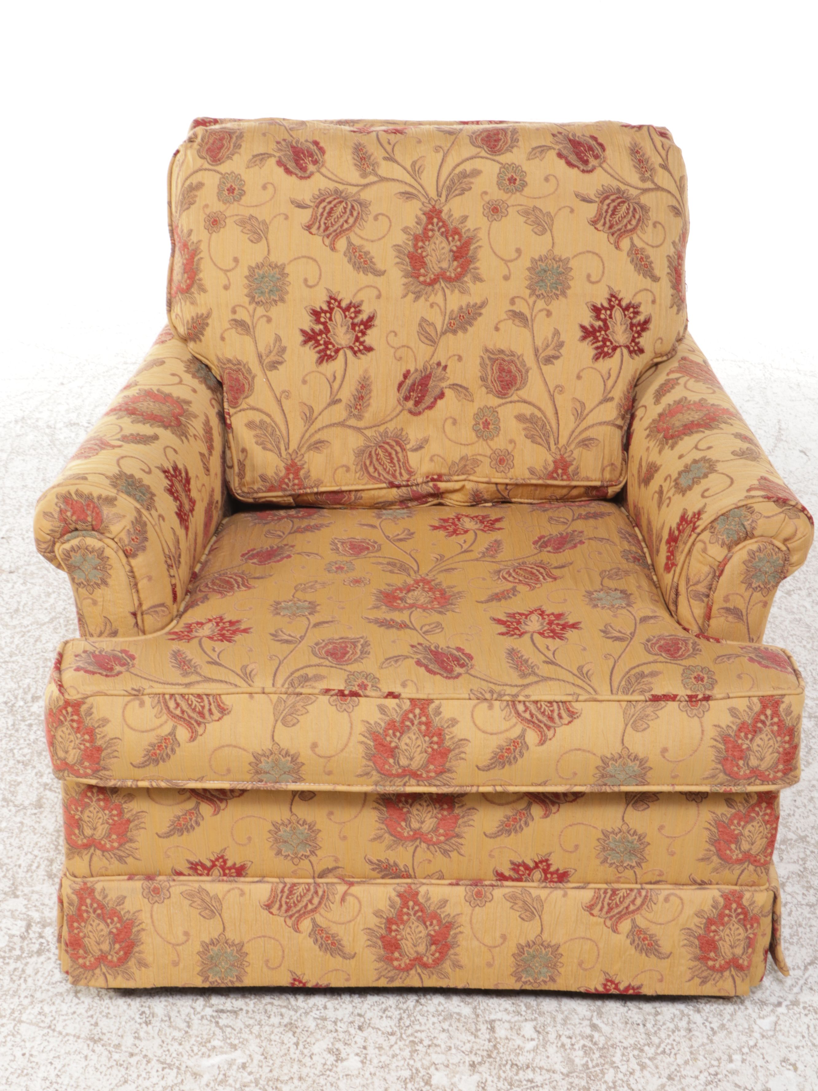 Floral-Upholstered Armchair with Footstool, Mid to Late 20th Century