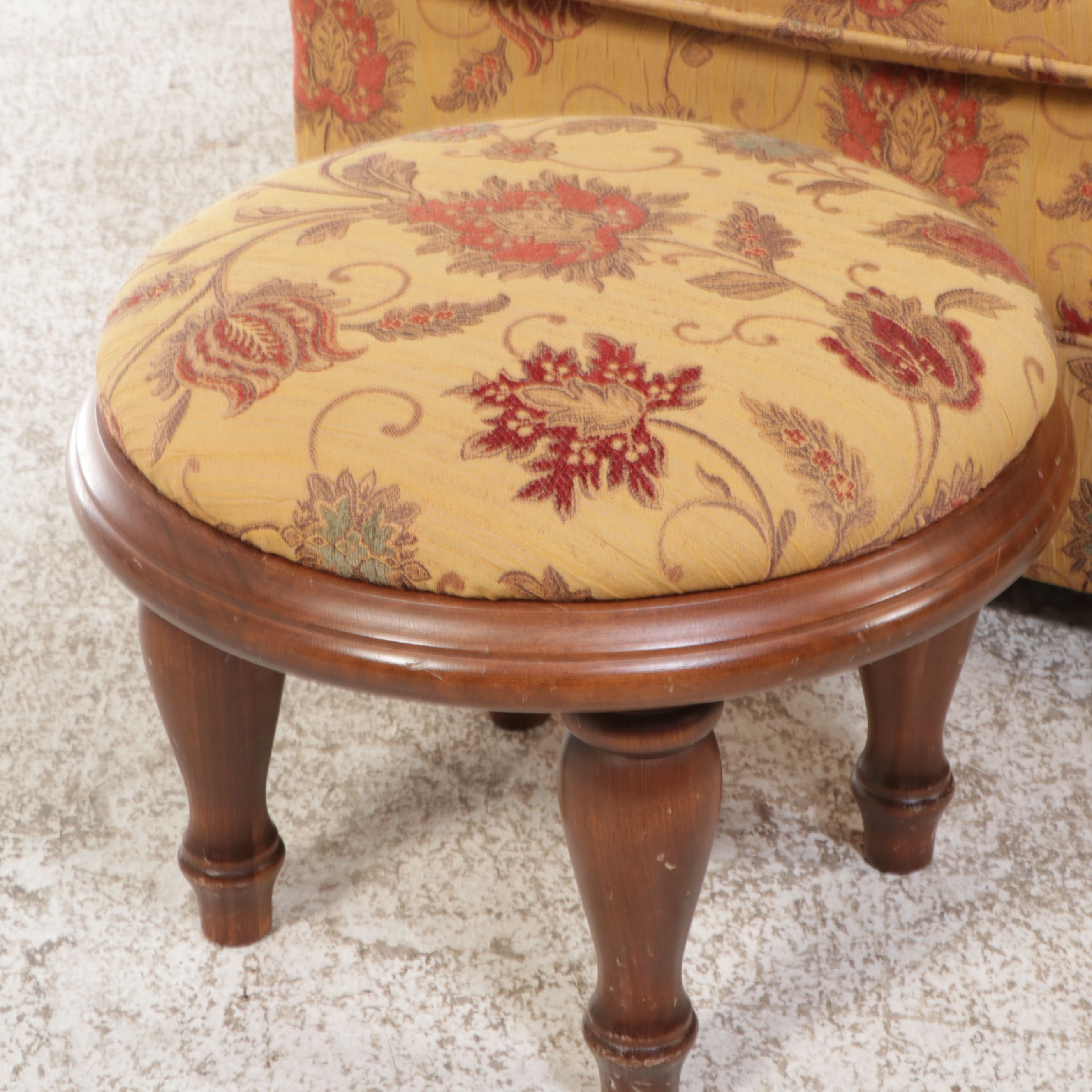 Floral-Upholstered Armchair with Footstool, Mid to Late 20th Century