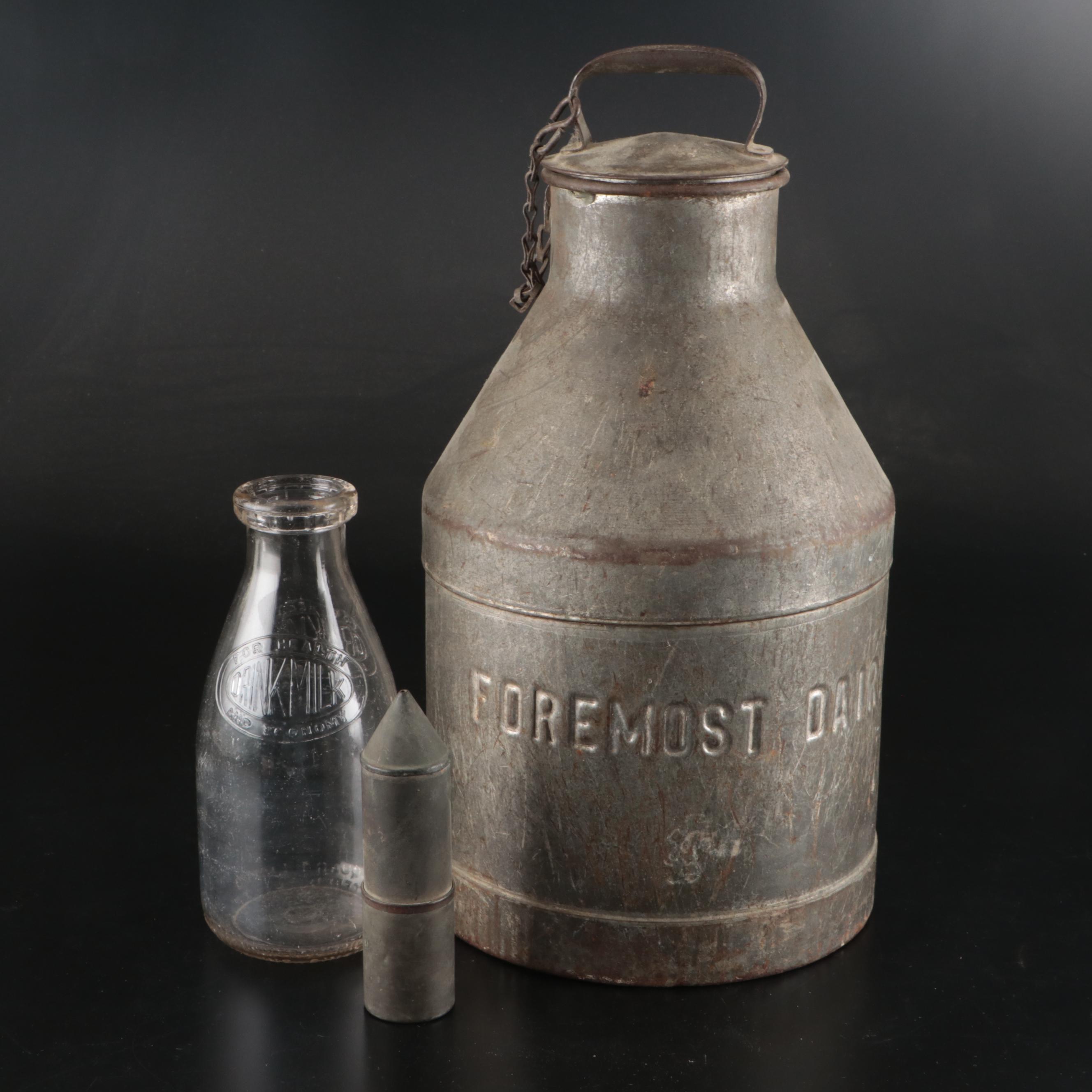 Foremost Dairies Inc. Metal Milk Jug with Other Glass Bottle and Metal Figure