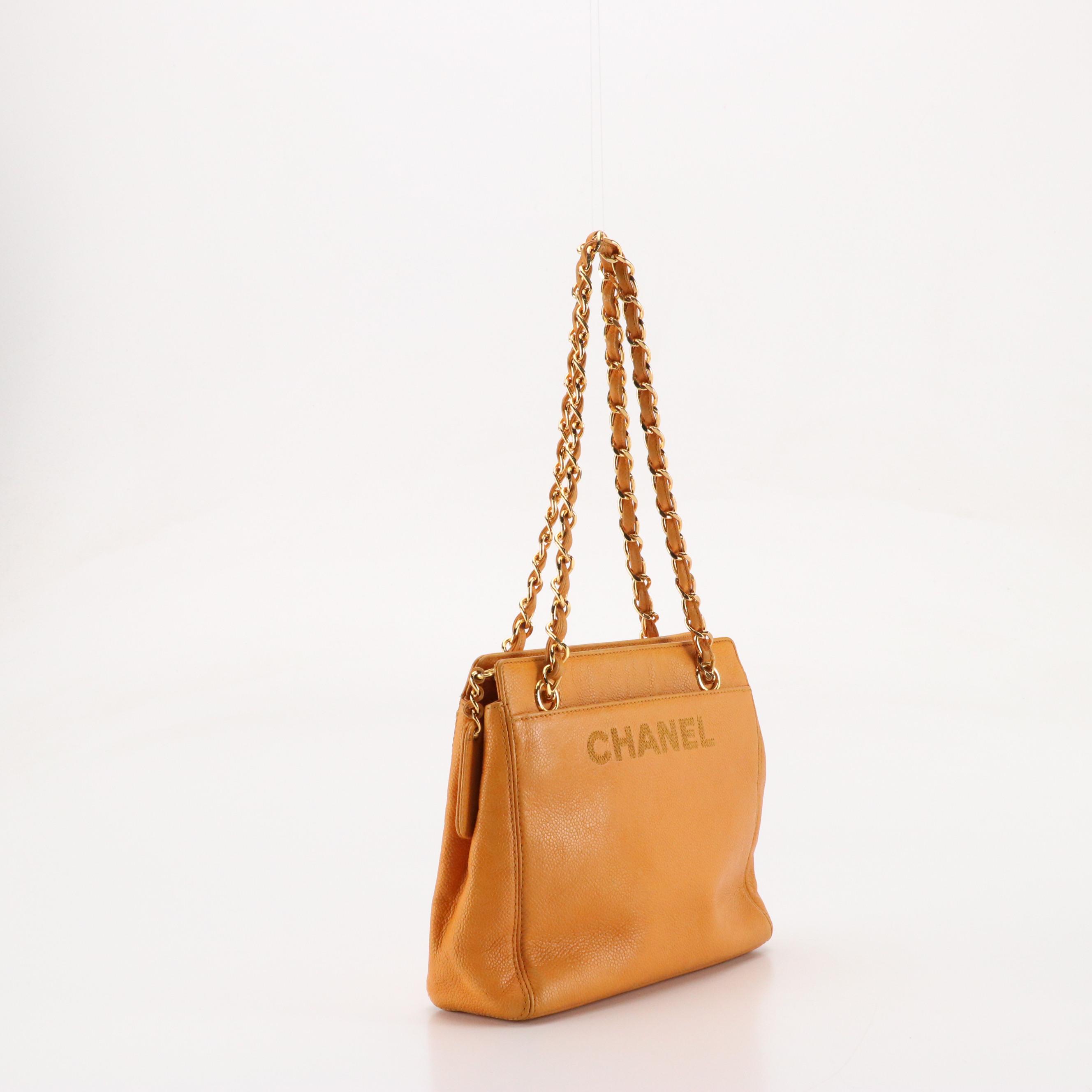 Chanel Embroidered Logo Shoulder Bag in Orange Caviar Leather