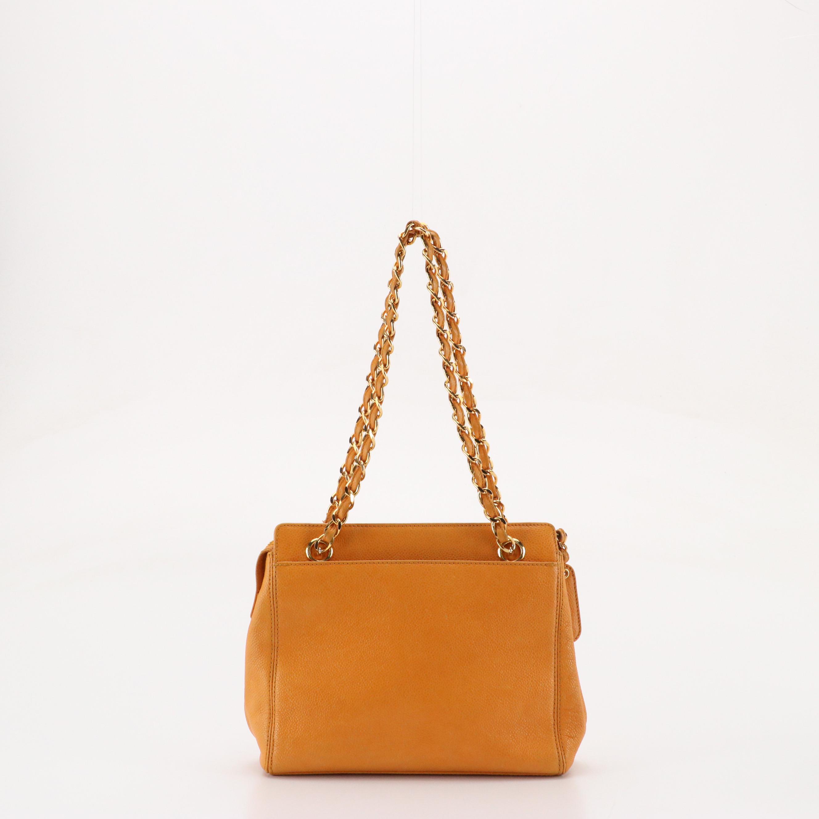 Chanel Embroidered Logo Shoulder Bag in Orange Caviar Leather